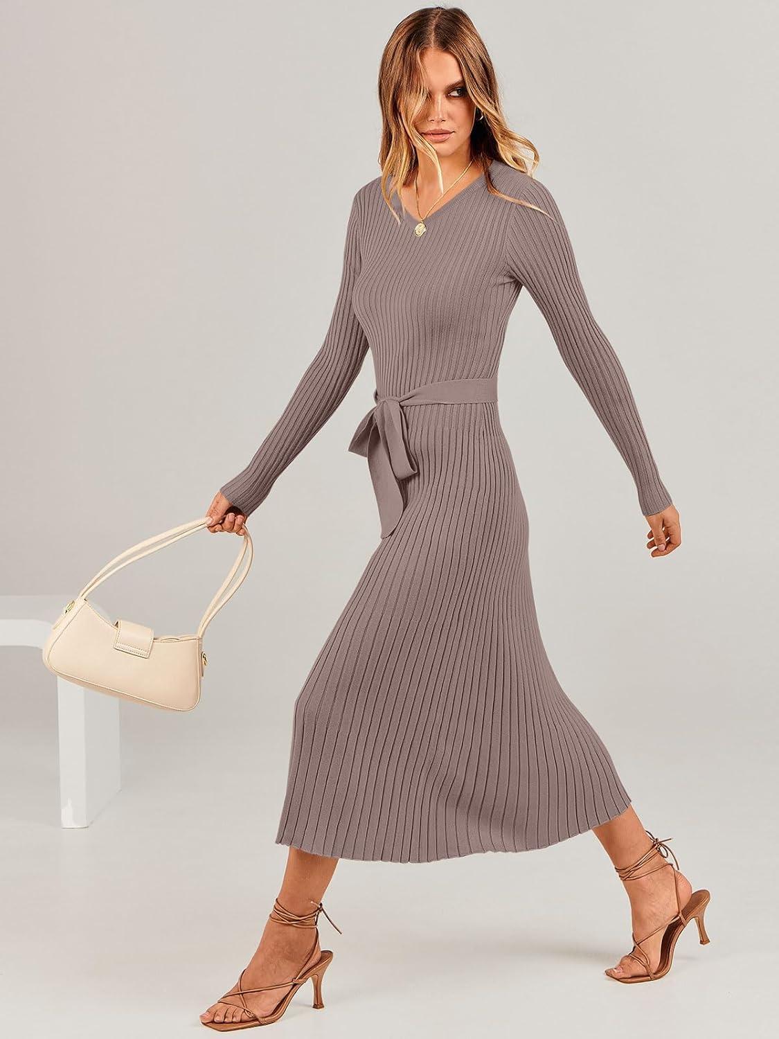 imageANRABESS Womens Long Sleeve Fall Dress 2025 V Neck Aline Tie Waist Ribbed Knit Bodycon Midi Sweater DressesPink Almond