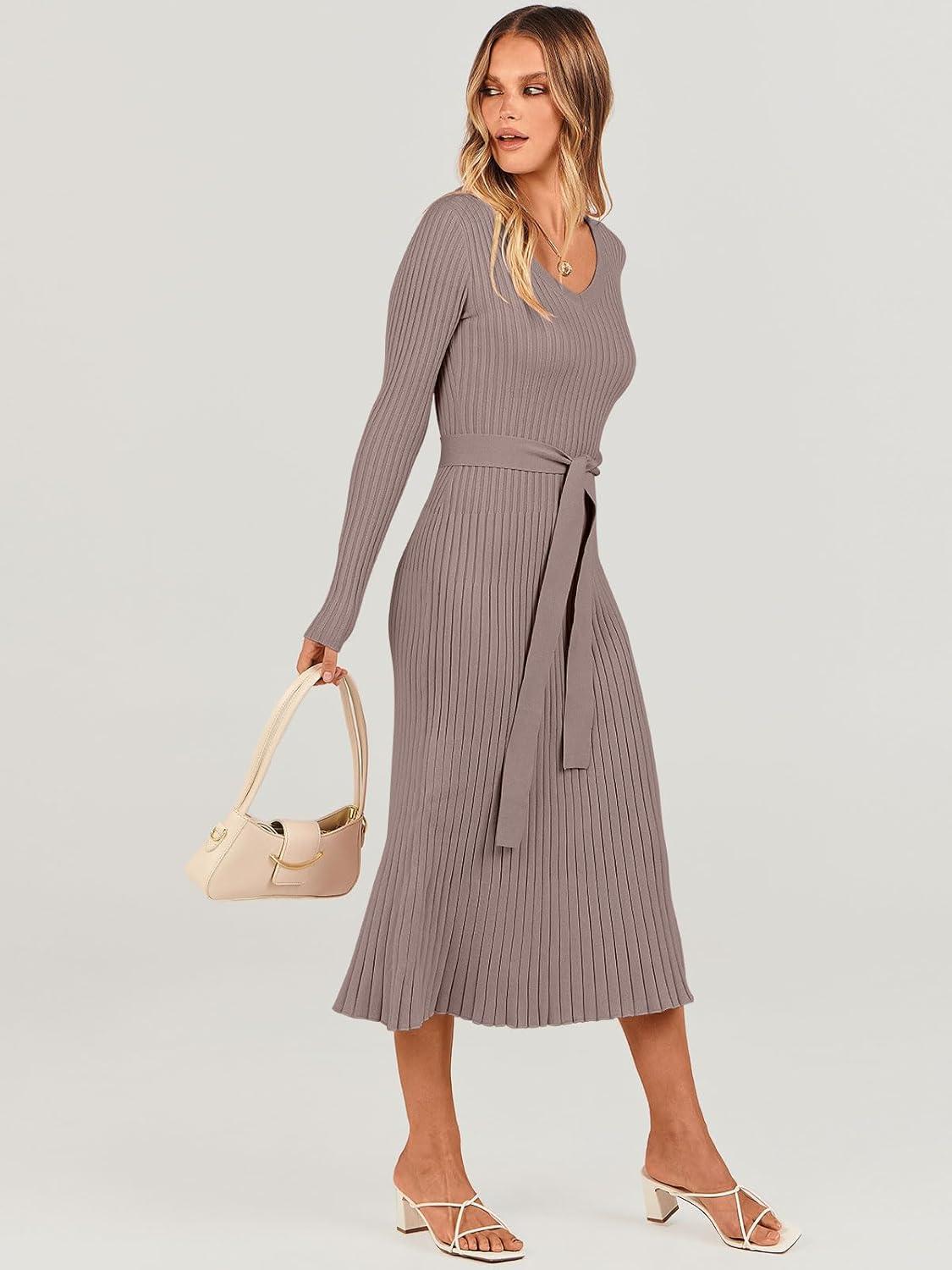 imageANRABESS Womens Long Sleeve Fall Dress 2025 V Neck Aline Tie Waist Ribbed Knit Bodycon Midi Sweater DressesPink Almond