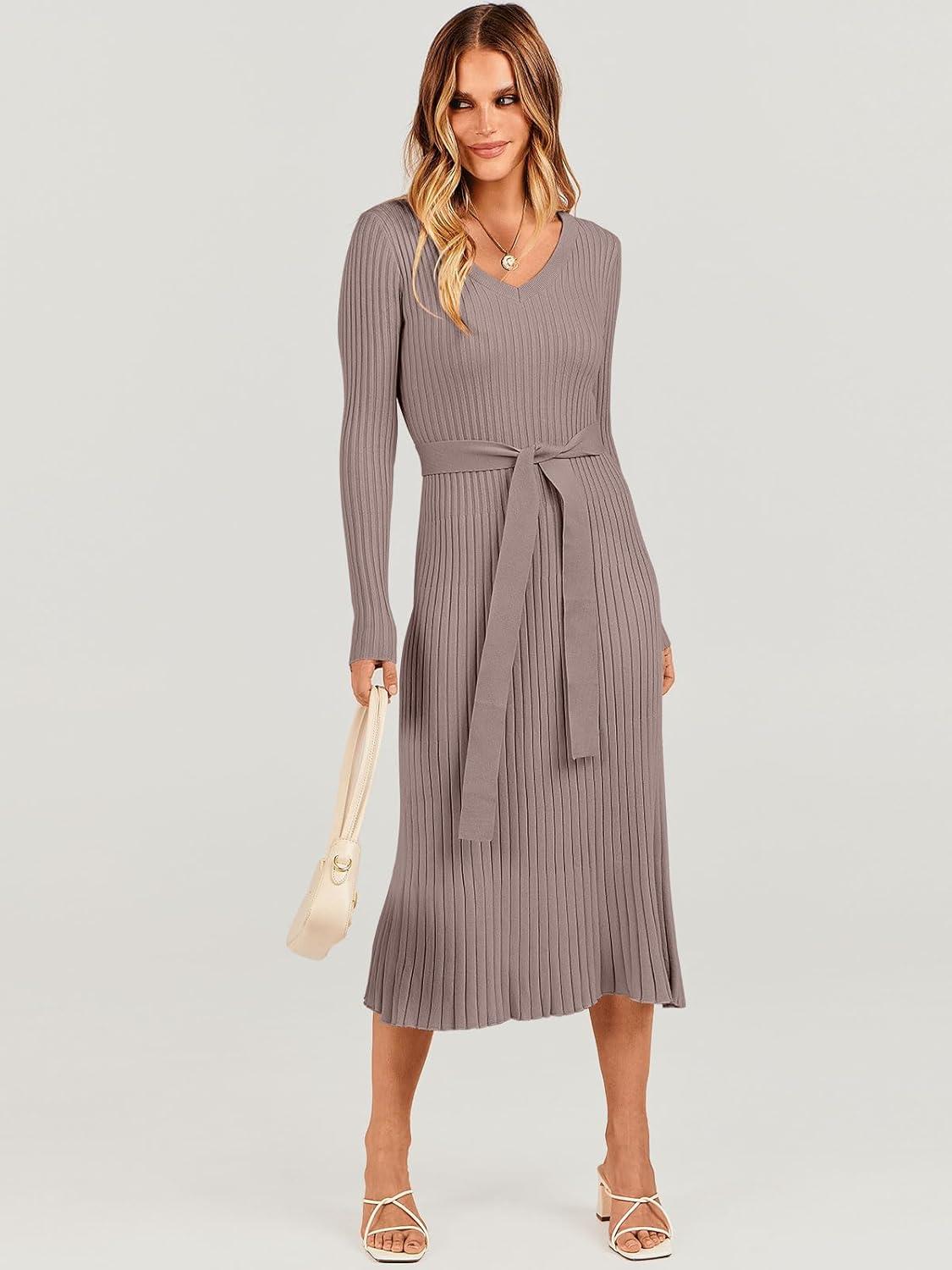 imageANRABESS Womens Long Sleeve Fall Dress 2025 V Neck Aline Tie Waist Ribbed Knit Bodycon Midi Sweater DressesPink Almond