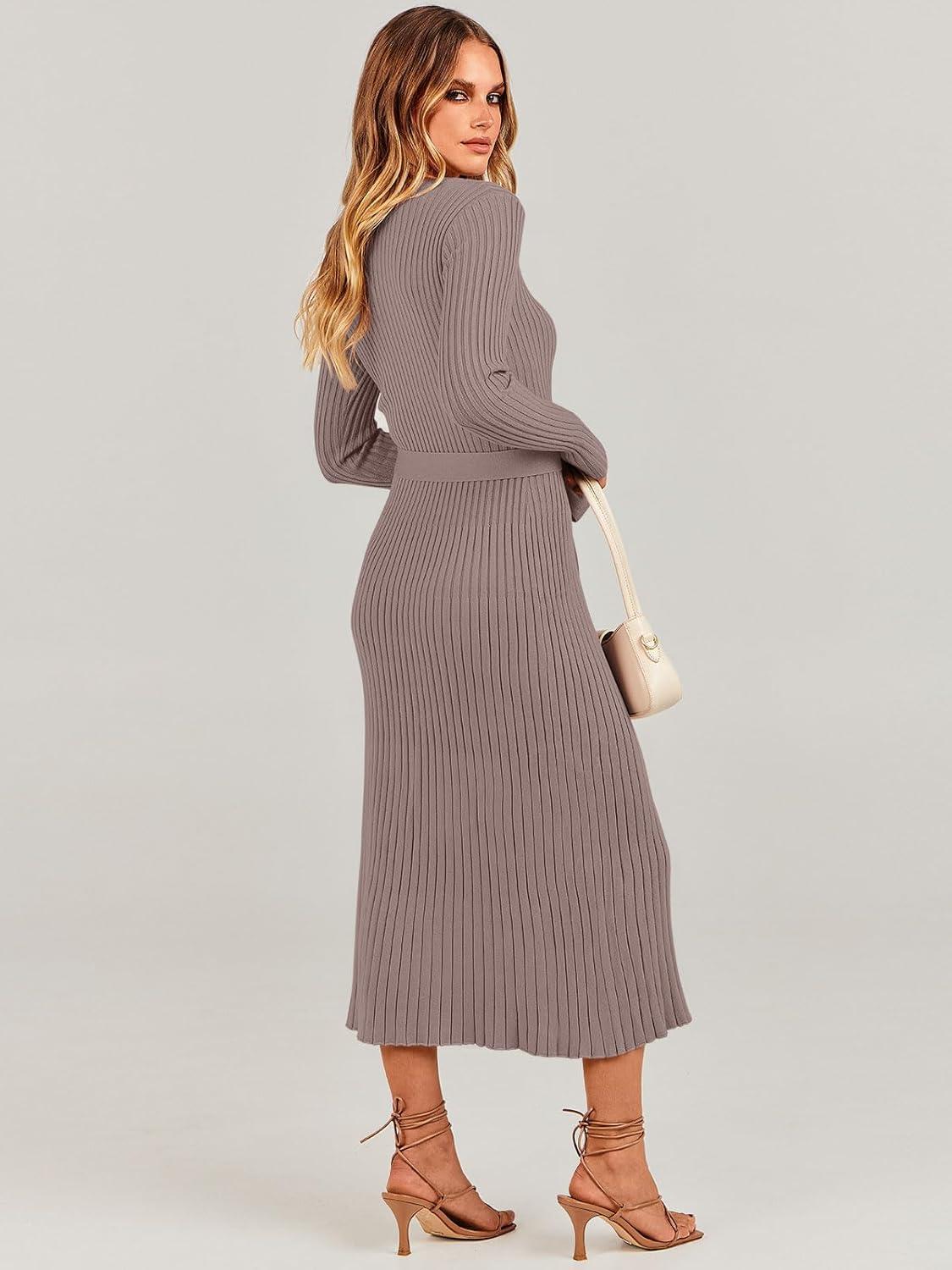 imageANRABESS Womens Long Sleeve Fall Dress 2025 V Neck Aline Tie Waist Ribbed Knit Bodycon Midi Sweater DressesPink Almond