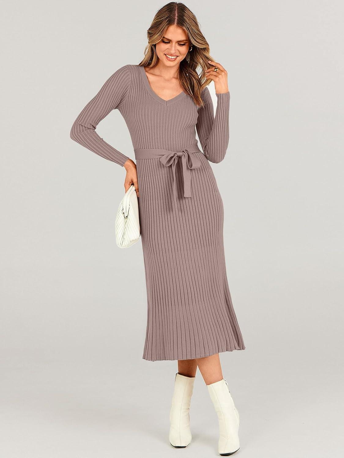 imageANRABESS Womens Long Sleeve Fall Dress 2025 V Neck Aline Tie Waist Ribbed Knit Bodycon Midi Sweater DressesPink Almond