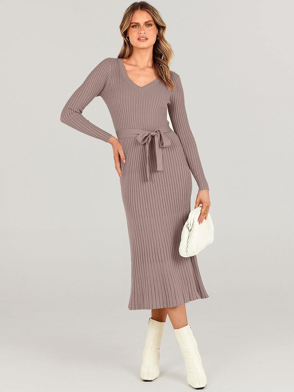 imageANRABESS Womens Long Sleeve Fall Dress 2025 V Neck Aline Tie Waist Ribbed Knit Bodycon Midi Sweater DressesPink Almond