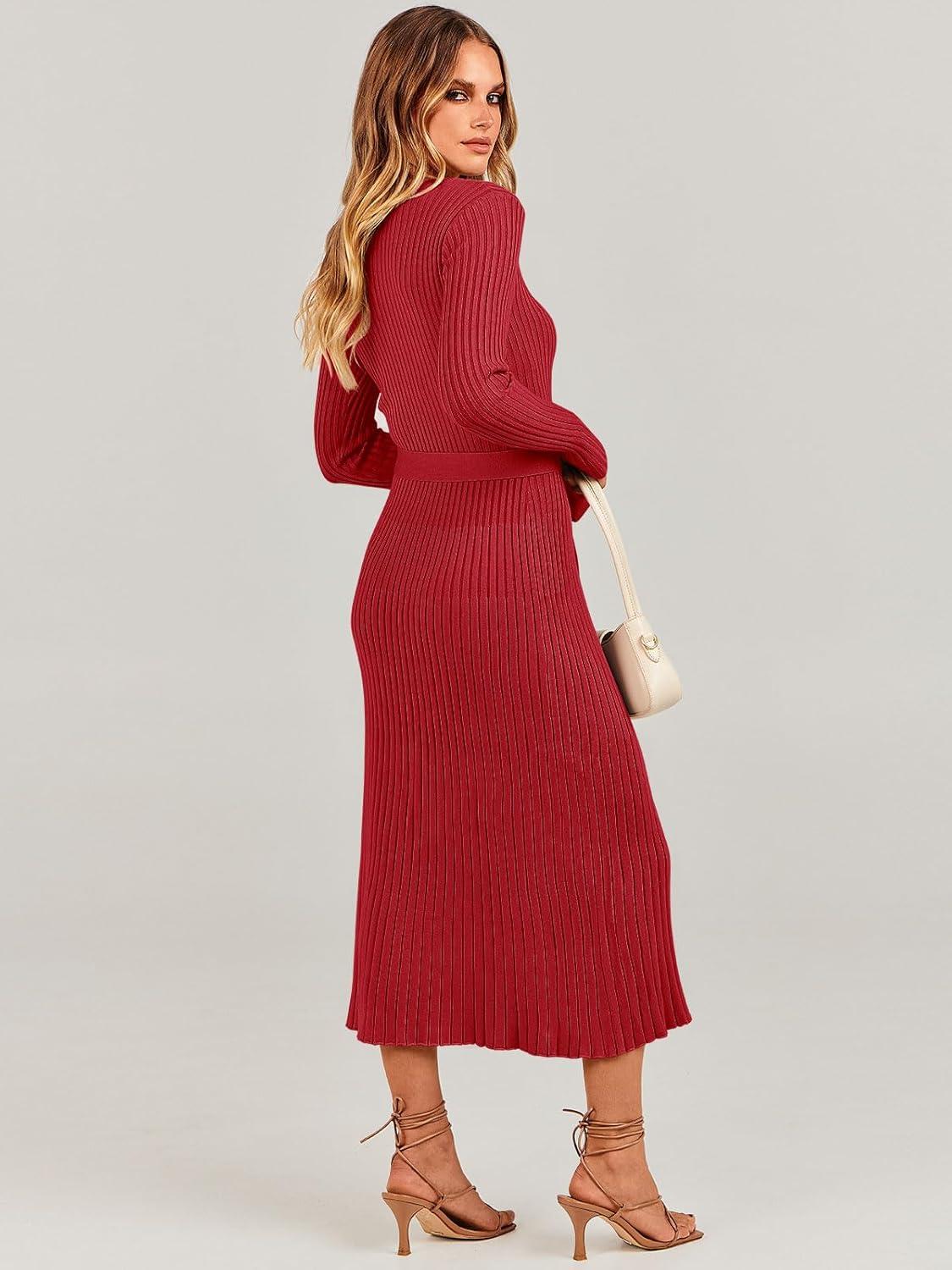 imageANRABESS Womens Long Sleeve Fall Dress 2025 V Neck Aline Tie Waist Ribbed Knit Bodycon Midi Sweater DressesRed