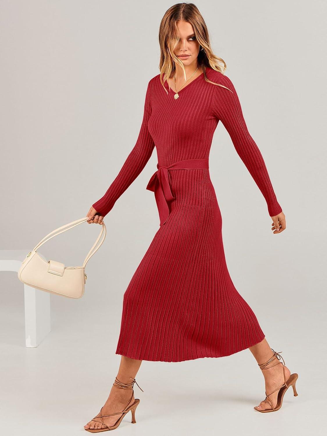 imageANRABESS Womens Long Sleeve Fall Dress 2025 V Neck Aline Tie Waist Ribbed Knit Bodycon Midi Sweater DressesRed