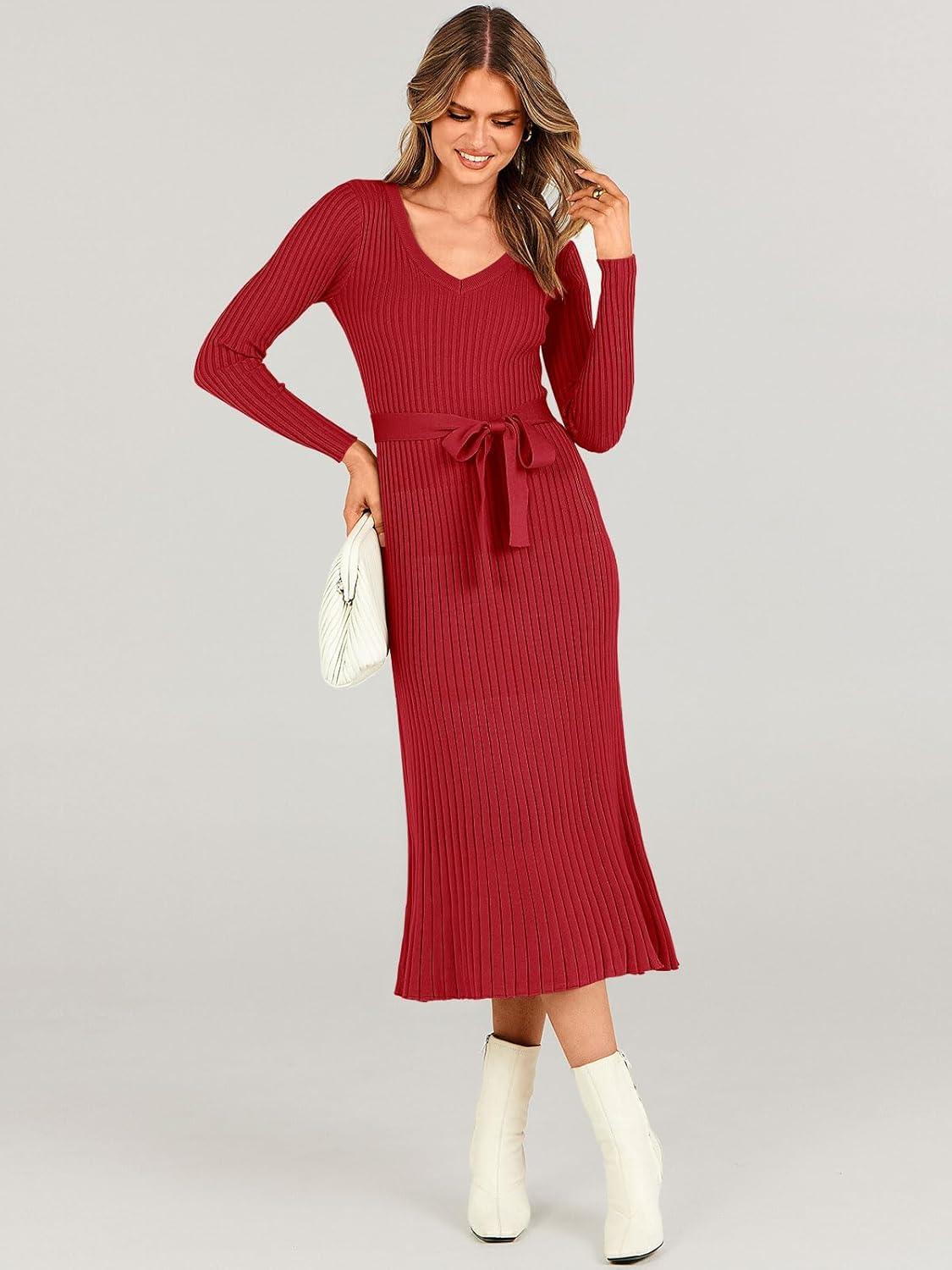 imageANRABESS Womens Long Sleeve Fall Dress 2025 V Neck Aline Tie Waist Ribbed Knit Bodycon Midi Sweater DressesRed