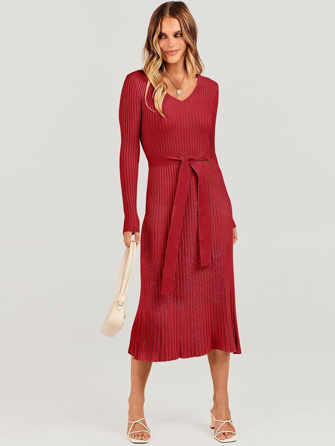 imageANRABESS Womens Long Sleeve Fall Dress 2025 V Neck Aline Tie Waist Ribbed Knit Bodycon Midi Sweater DressesRed
