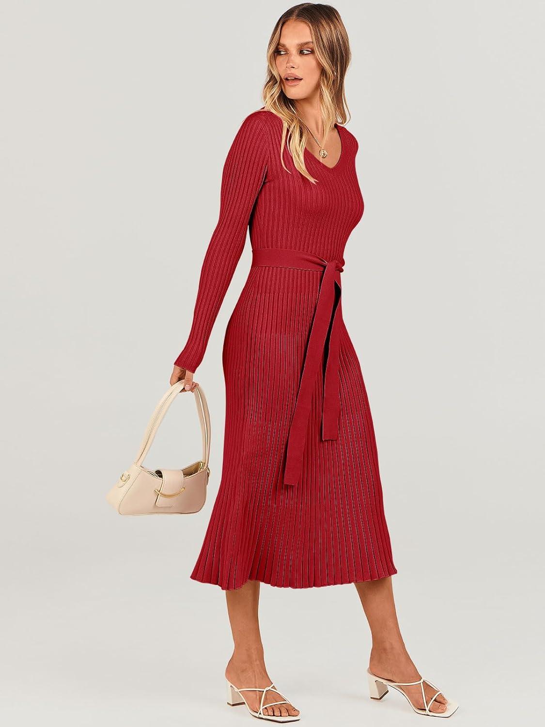 imageANRABESS Womens Long Sleeve Fall Dress 2025 V Neck Aline Tie Waist Ribbed Knit Bodycon Midi Sweater DressesRed