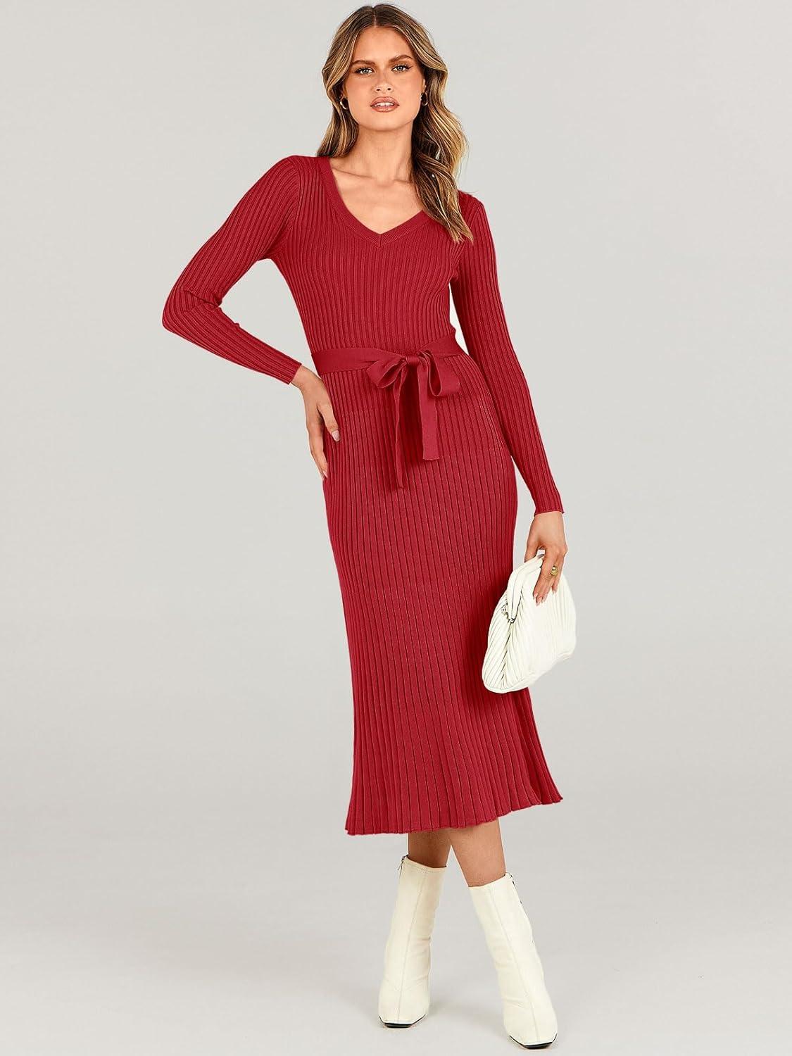 imageANRABESS Womens Long Sleeve Fall Dress 2025 V Neck Aline Tie Waist Ribbed Knit Bodycon Midi Sweater DressesRed