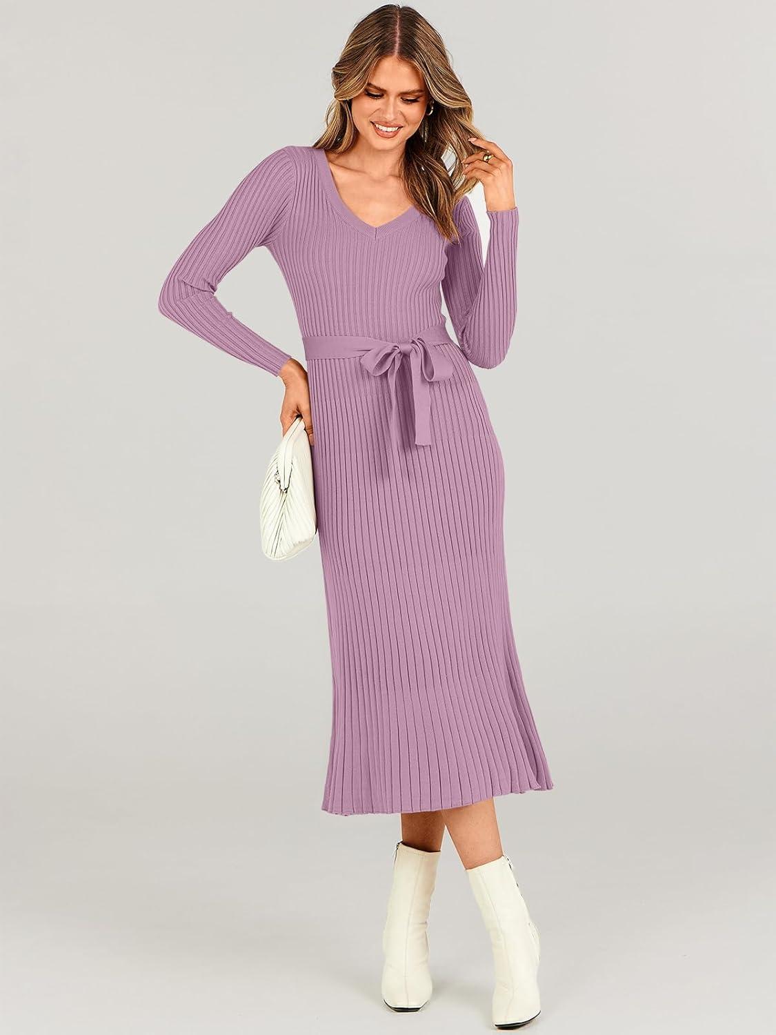 imageANRABESS Womens Long Sleeve Fall Dress 2025 V Neck Aline Tie Waist Ribbed Knit Bodycon Midi Sweater DressesViolet