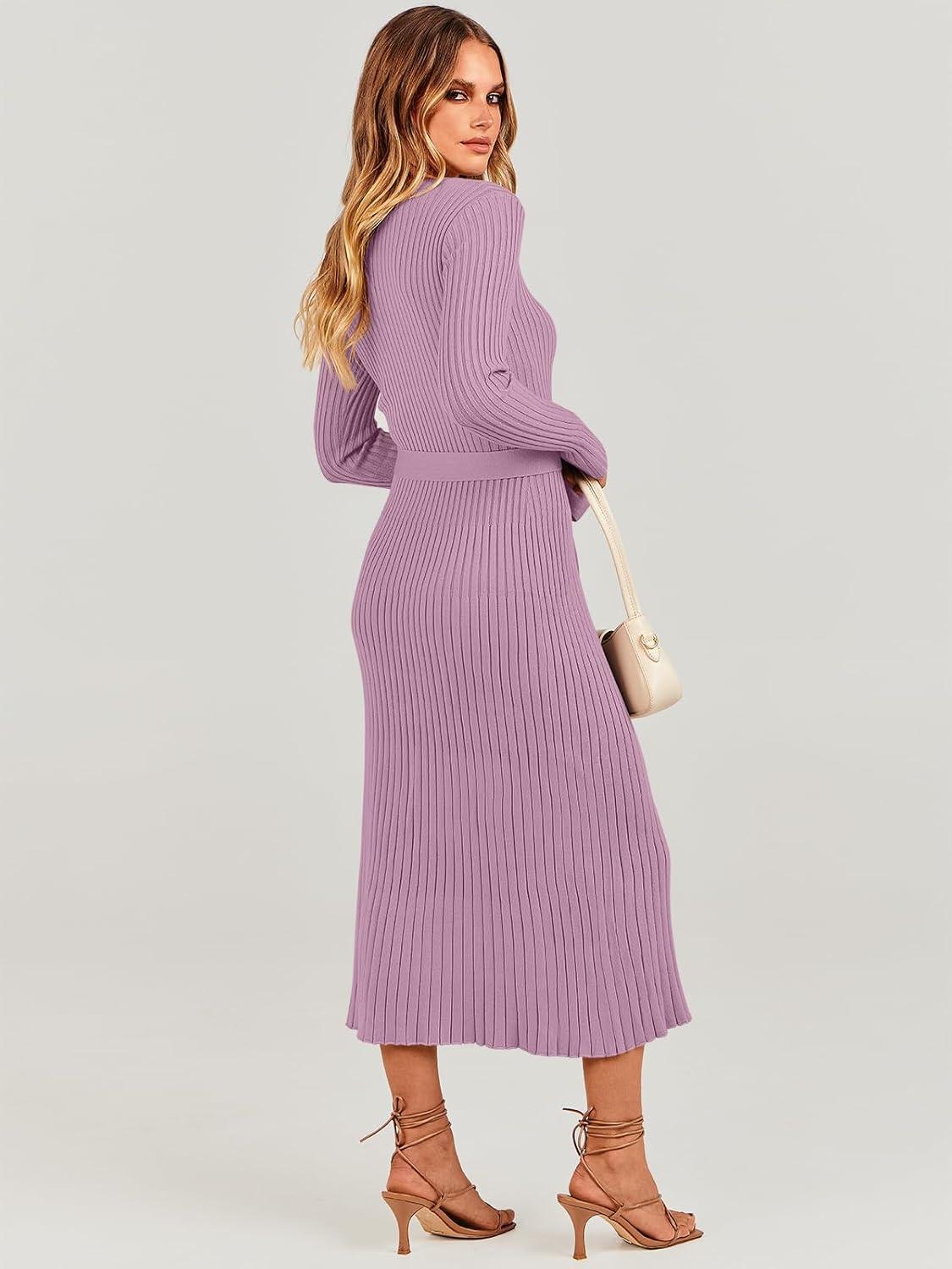 imageANRABESS Womens Long Sleeve Fall Dress 2025 V Neck Aline Tie Waist Ribbed Knit Bodycon Midi Sweater DressesViolet