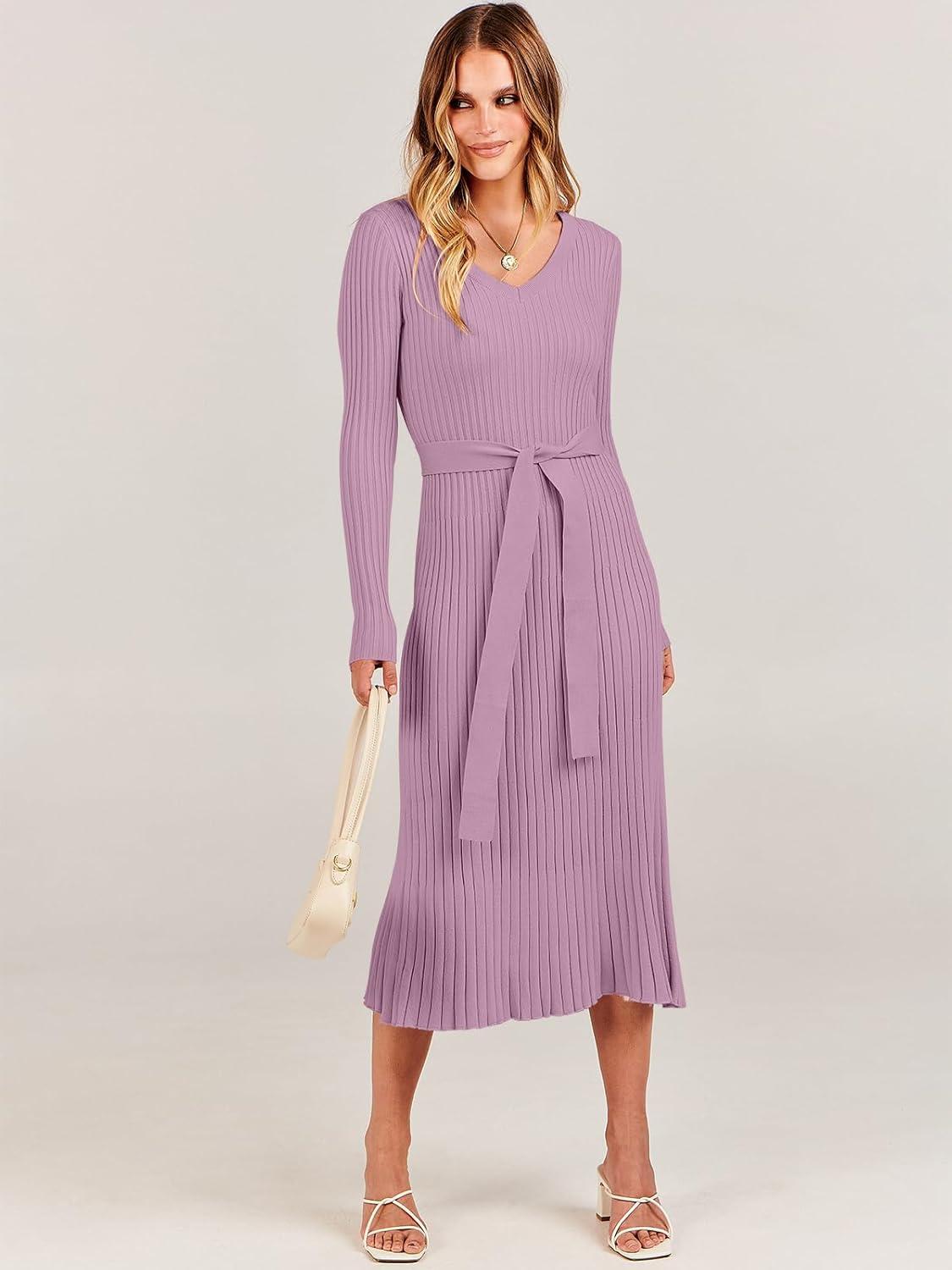 imageANRABESS Womens Long Sleeve Fall Dress 2025 V Neck Aline Tie Waist Ribbed Knit Bodycon Midi Sweater DressesViolet