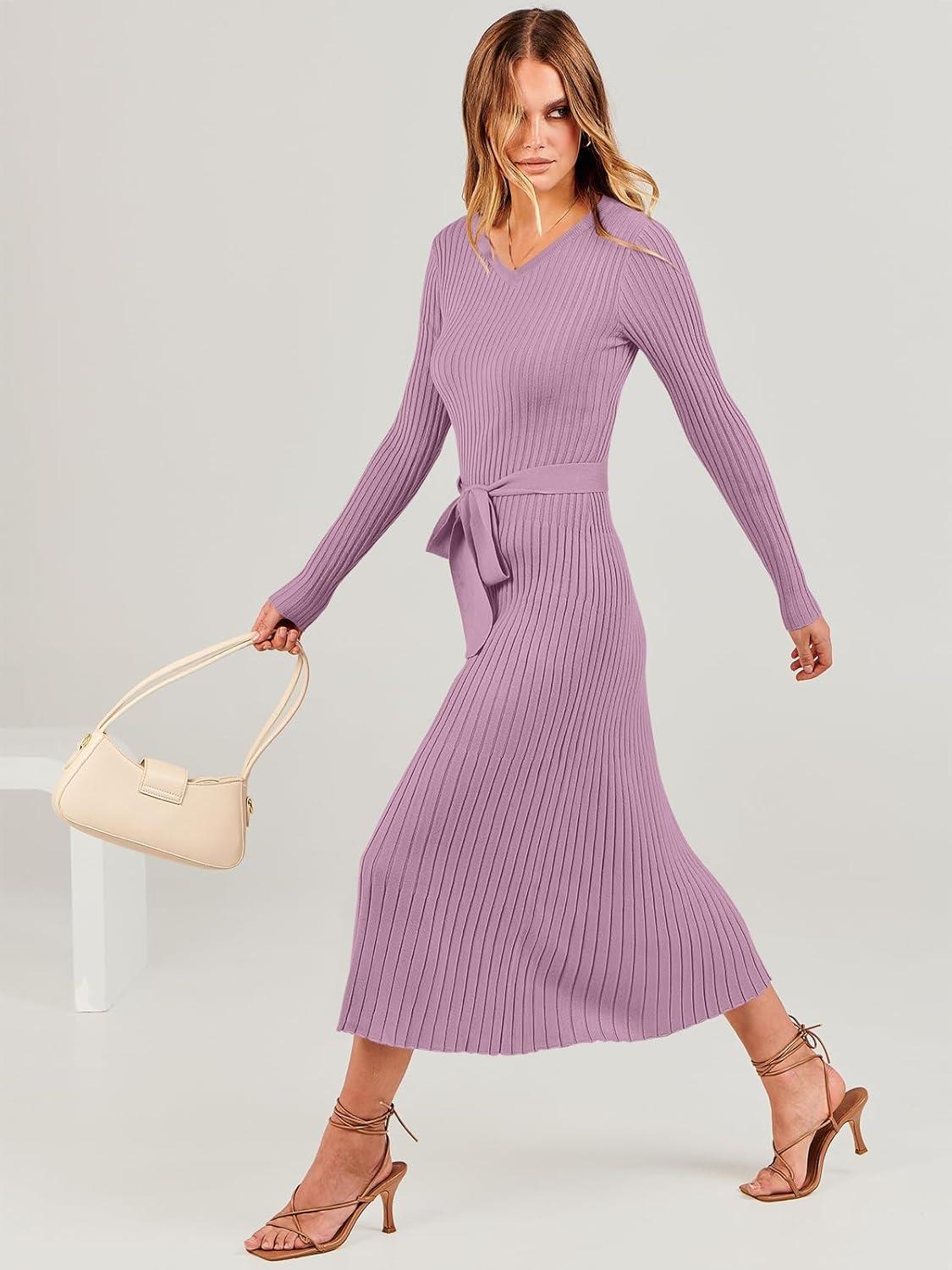 imageANRABESS Womens Long Sleeve Fall Dress 2025 V Neck Aline Tie Waist Ribbed Knit Bodycon Midi Sweater DressesViolet
