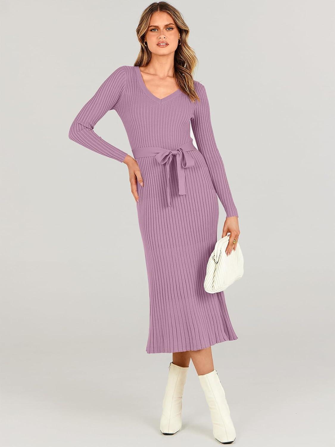 imageANRABESS Womens Long Sleeve Fall Dress 2025 V Neck Aline Tie Waist Ribbed Knit Bodycon Midi Sweater DressesViolet