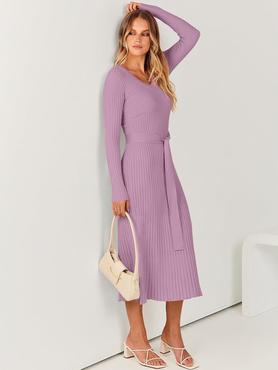 imageANRABESS Womens Long Sleeve Fall Dress 2025 V Neck Aline Tie Waist Ribbed Knit Bodycon Midi Sweater DressesViolet
