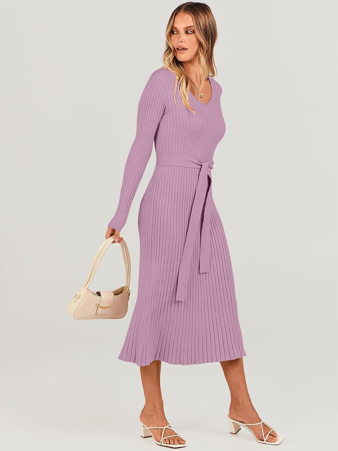 imageANRABESS Womens Long Sleeve Fall Dress 2025 V Neck Aline Tie Waist Ribbed Knit Bodycon Midi Sweater DressesViolet