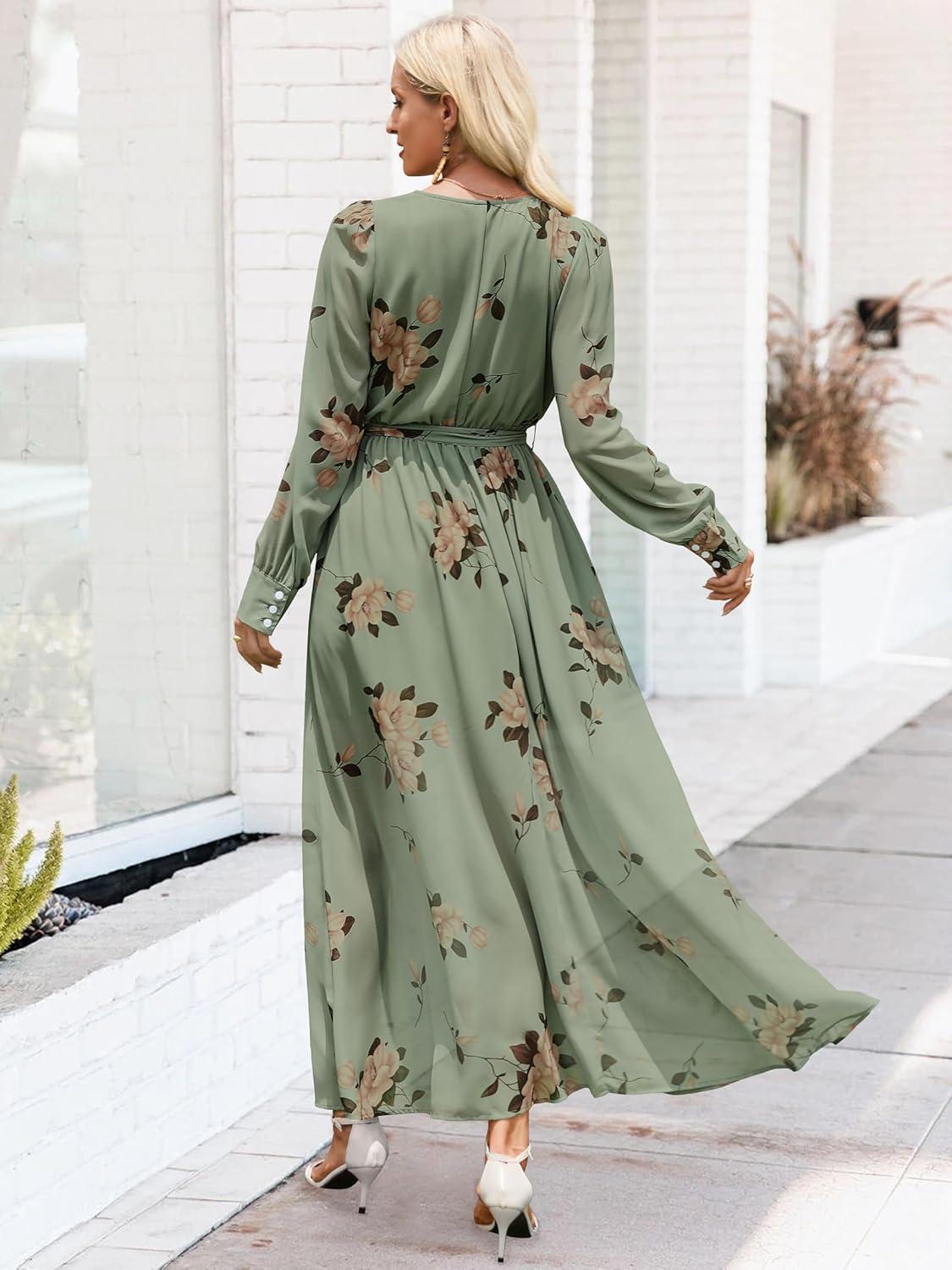 imageANRABESS Womens Long Sleeve Floral Maxi Dress Boho Flowy Wrap Slit V Neck Beach Fall Wedding Guest Party Vacation Dresses Floral Green XLarge