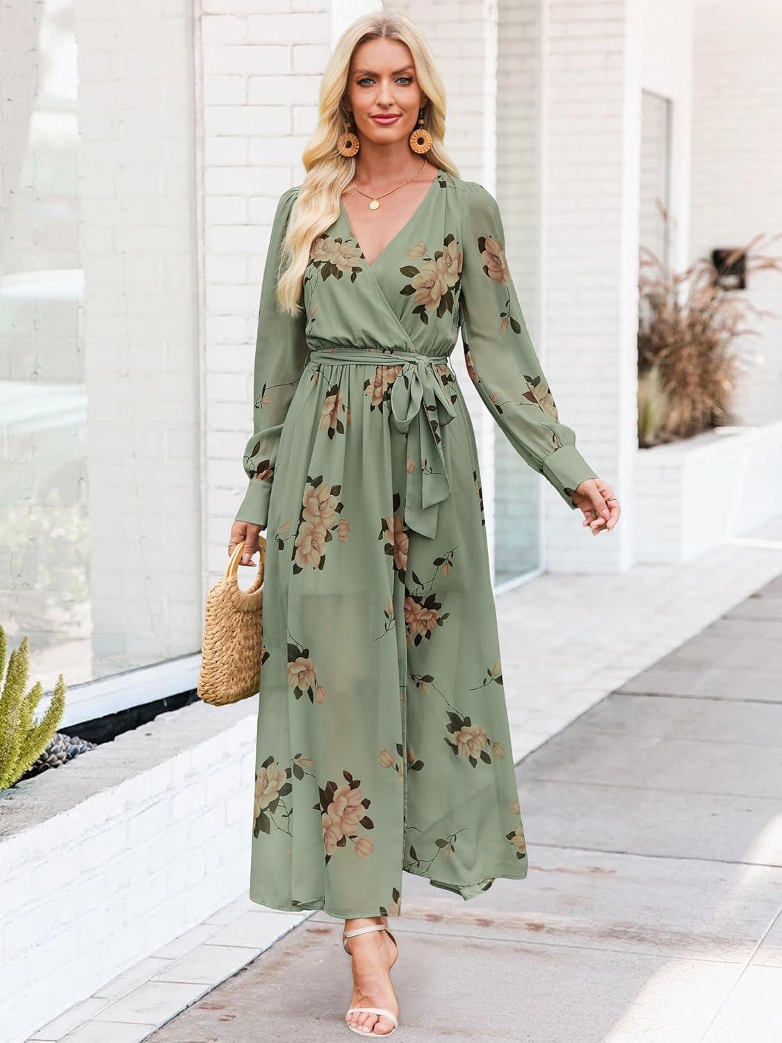 imageANRABESS Womens Long Sleeve Floral Maxi Dress Boho Flowy Wrap Slit V Neck Beach Fall Wedding Guest Party Vacation Dresses Floral Green XLarge