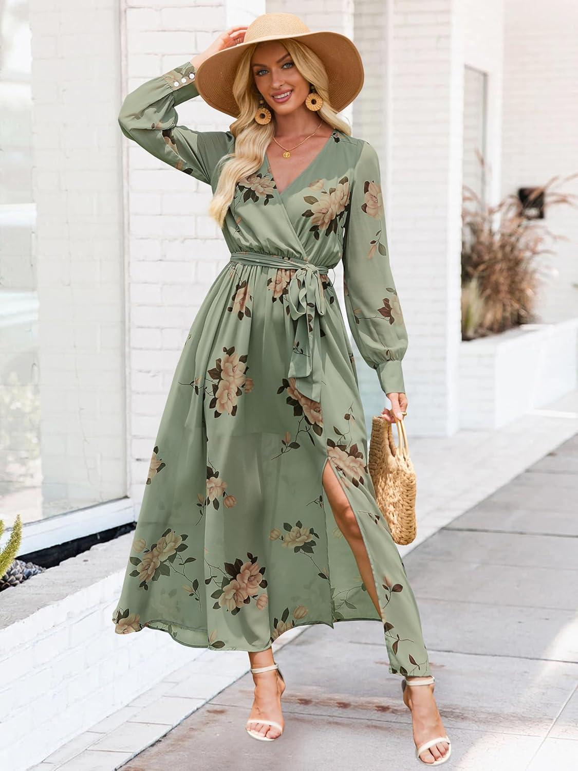 imageANRABESS Womens Long Sleeve Floral Maxi Dress Boho Flowy Wrap Slit V Neck Beach Fall Wedding Guest Party Vacation Dresses Floral Green XLarge