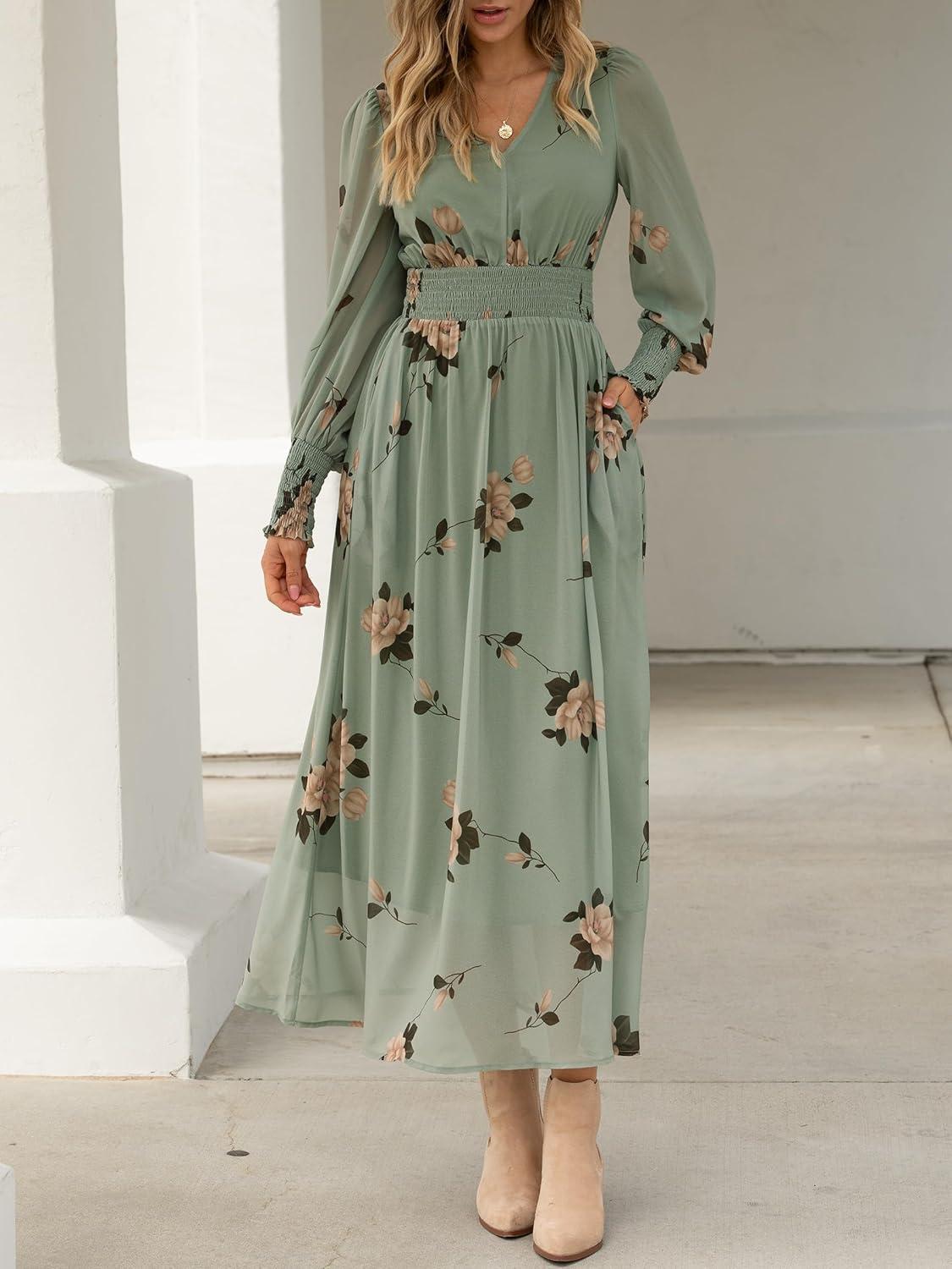 imageANRABESS Womens Long Sleeve Floral Maxi Dress Casual V Neck Chiffon Boho Flowy Beach Fall Wedding Guest Party Long DressesFloral Green