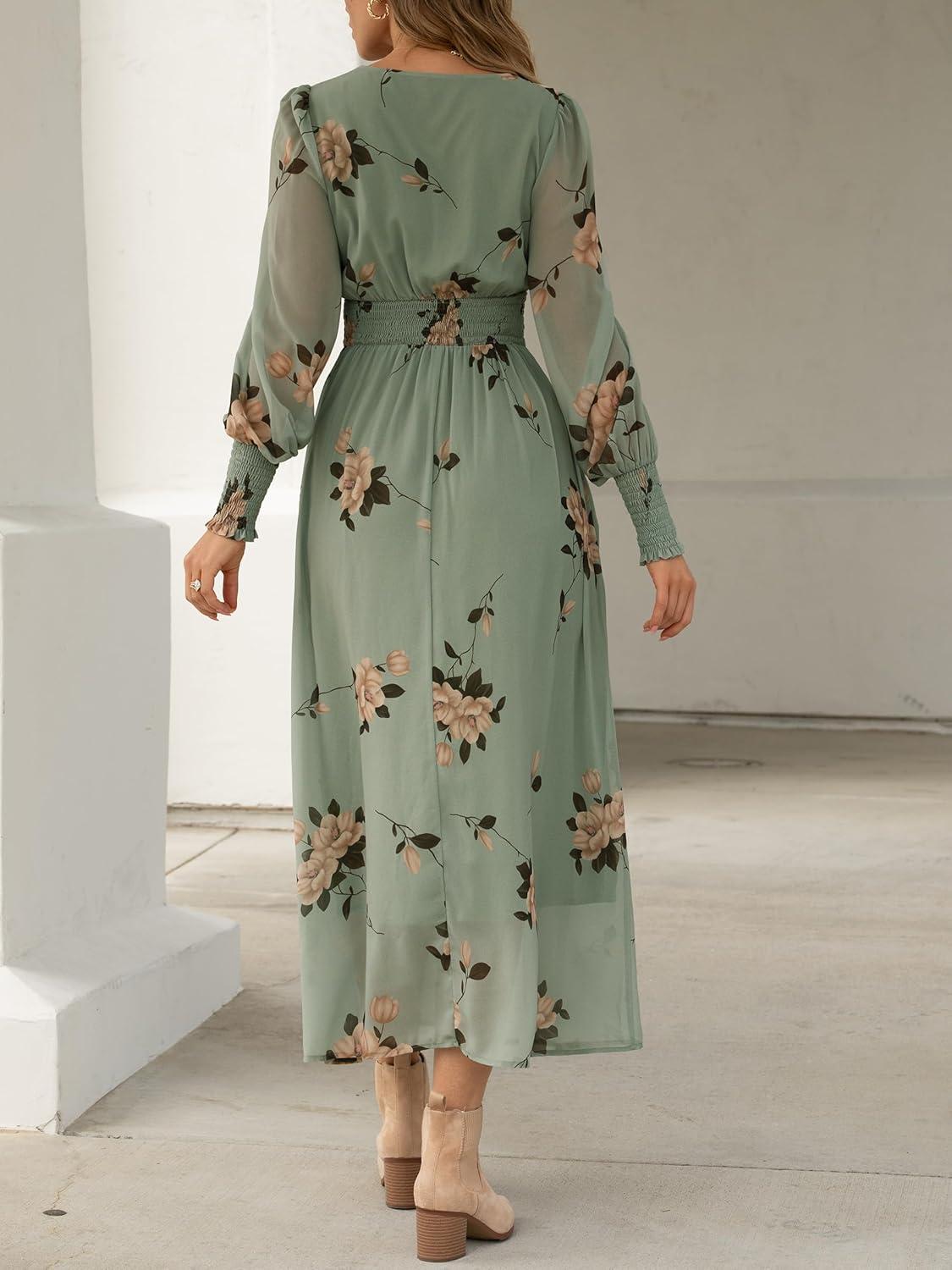 imageANRABESS Womens Long Sleeve Floral Maxi Dress Casual V Neck Chiffon Boho Flowy Beach Fall Wedding Guest Party Long DressesFloral Green