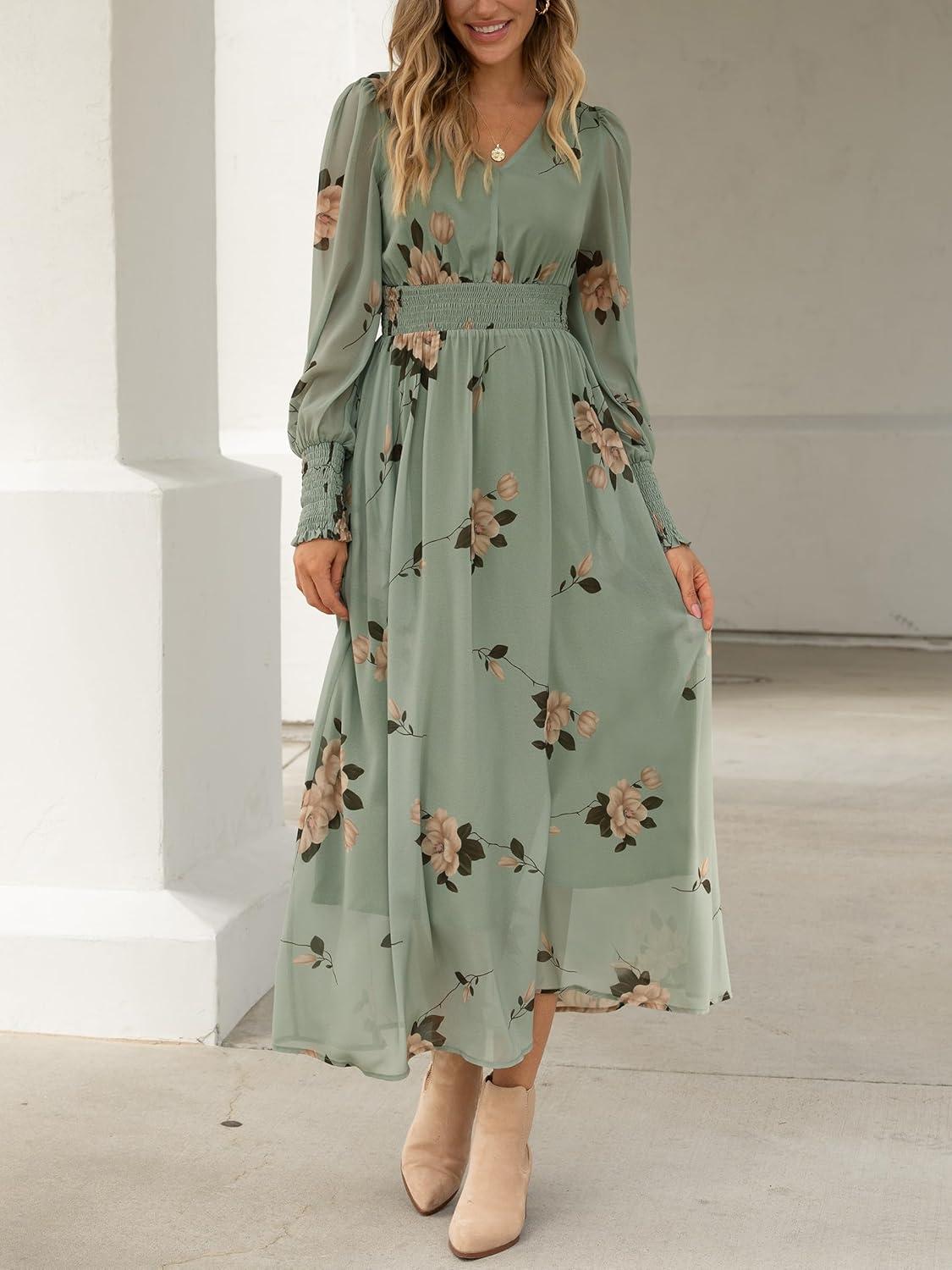 imageANRABESS Womens Long Sleeve Floral Maxi Dress Casual V Neck Chiffon Boho Flowy Beach Fall Wedding Guest Party Long DressesFloral Green