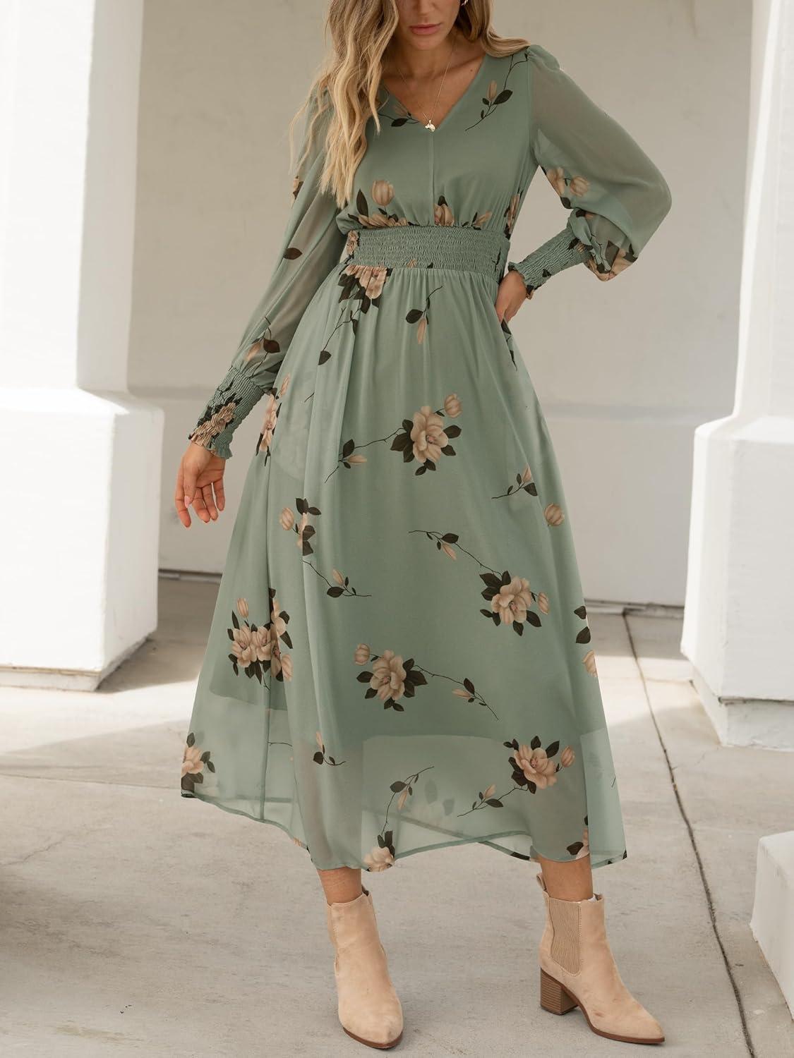 imageANRABESS Womens Long Sleeve Floral Maxi Dress Casual V Neck Chiffon Boho Flowy Beach Fall Wedding Guest Party Long DressesFloral Green