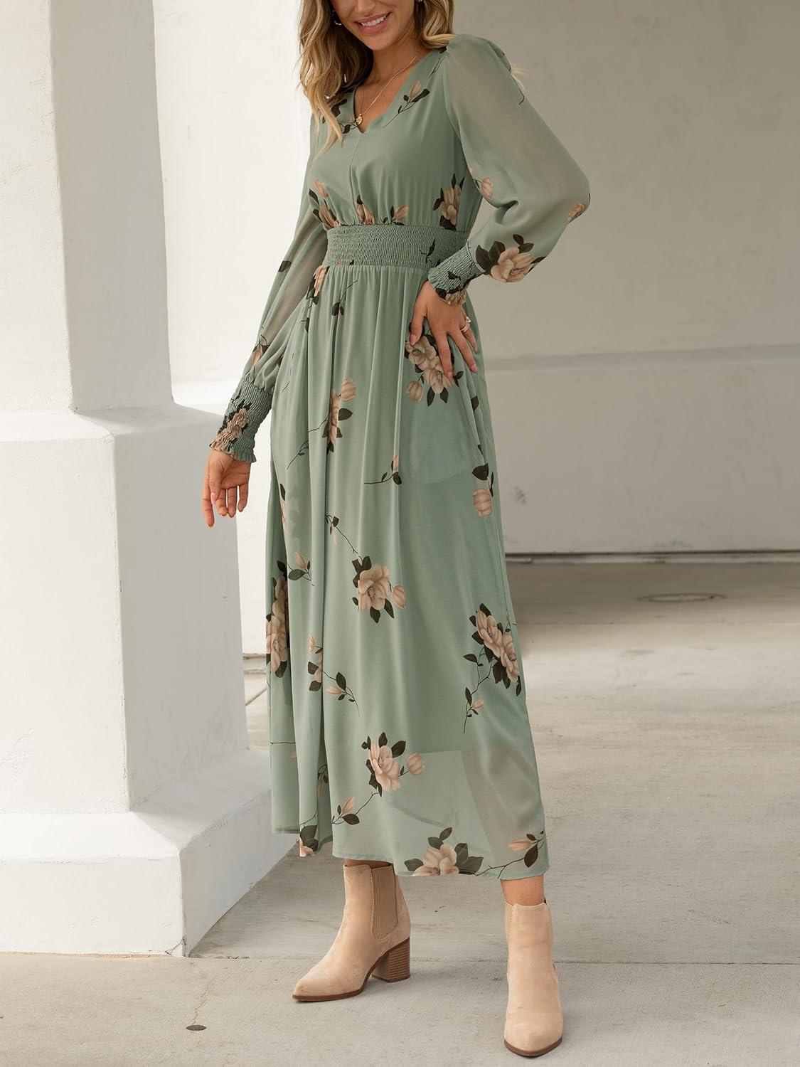 imageANRABESS Womens Long Sleeve Floral Maxi Dress Casual V Neck Chiffon Boho Flowy Beach Fall Wedding Guest Party Long DressesFloral Green