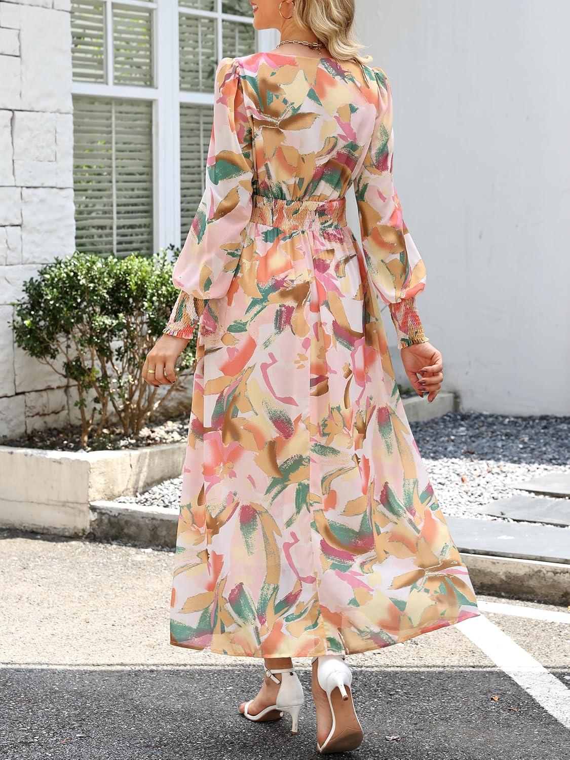 imageANRABESS Womens Long Sleeve Floral Maxi Dress Casual V Neck Chiffon Boho Flowy Beach Fall Wedding Guest Party Long DressesFloral Orange