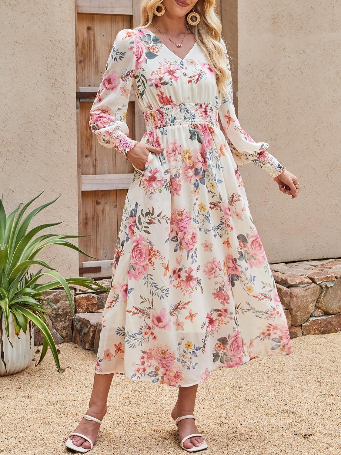 imageANRABESS Womens Long Sleeve Floral Maxi Dress Casual V Neck Chiffon Boho Flowy Beach Fall Wedding Guest Party Long DressesFloral Pink