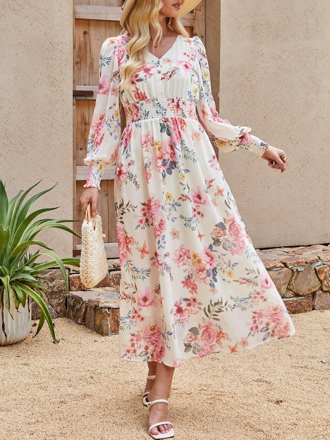 imageANRABESS Womens Long Sleeve Floral Maxi Dress Casual V Neck Chiffon Boho Flowy Beach Fall Wedding Guest Party Long DressesFloral Pink