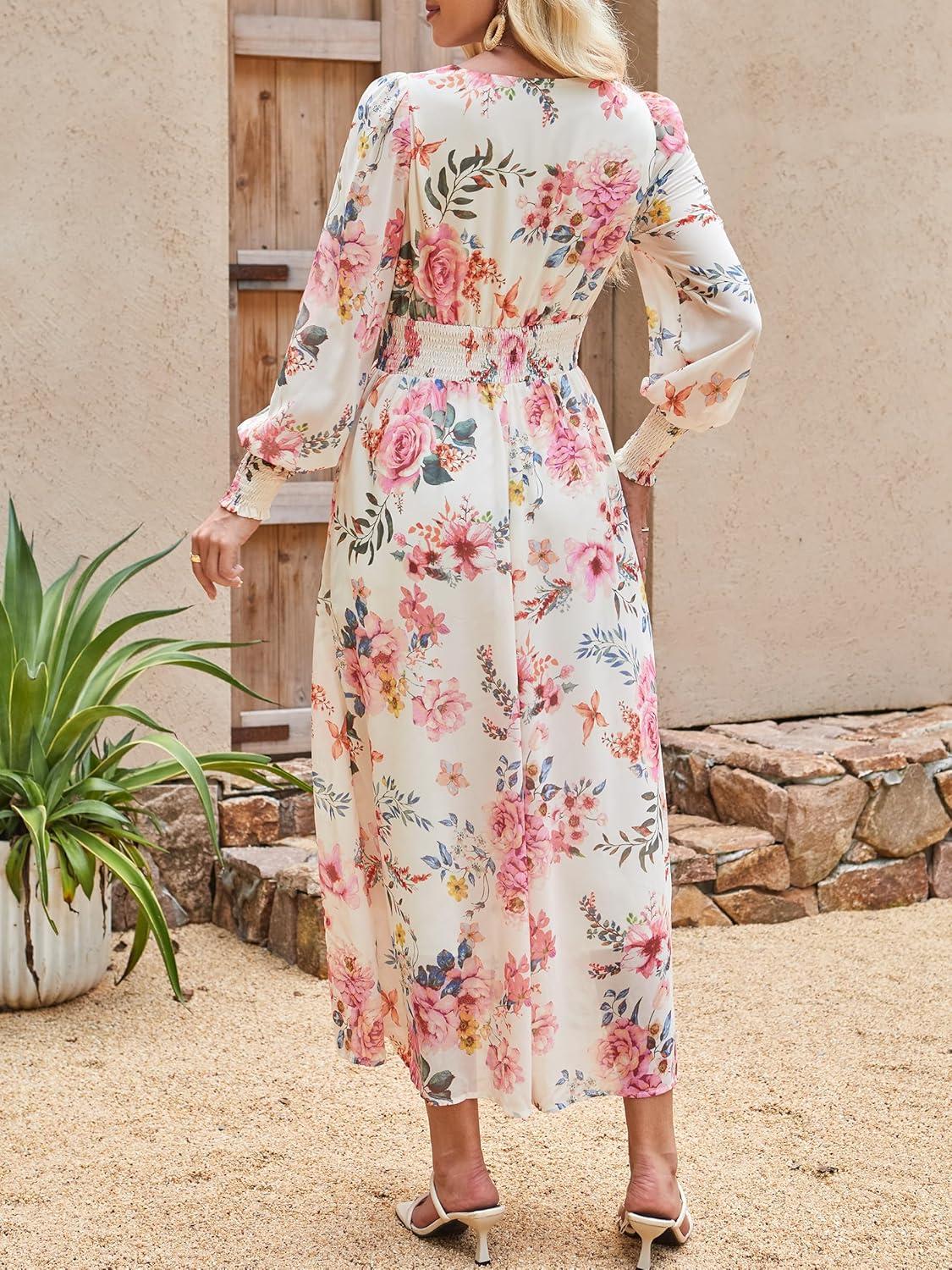 imageANRABESS Womens Long Sleeve Floral Maxi Dress Casual V Neck Chiffon Boho Flowy Beach Fall Wedding Guest Party Long DressesFloral Pink