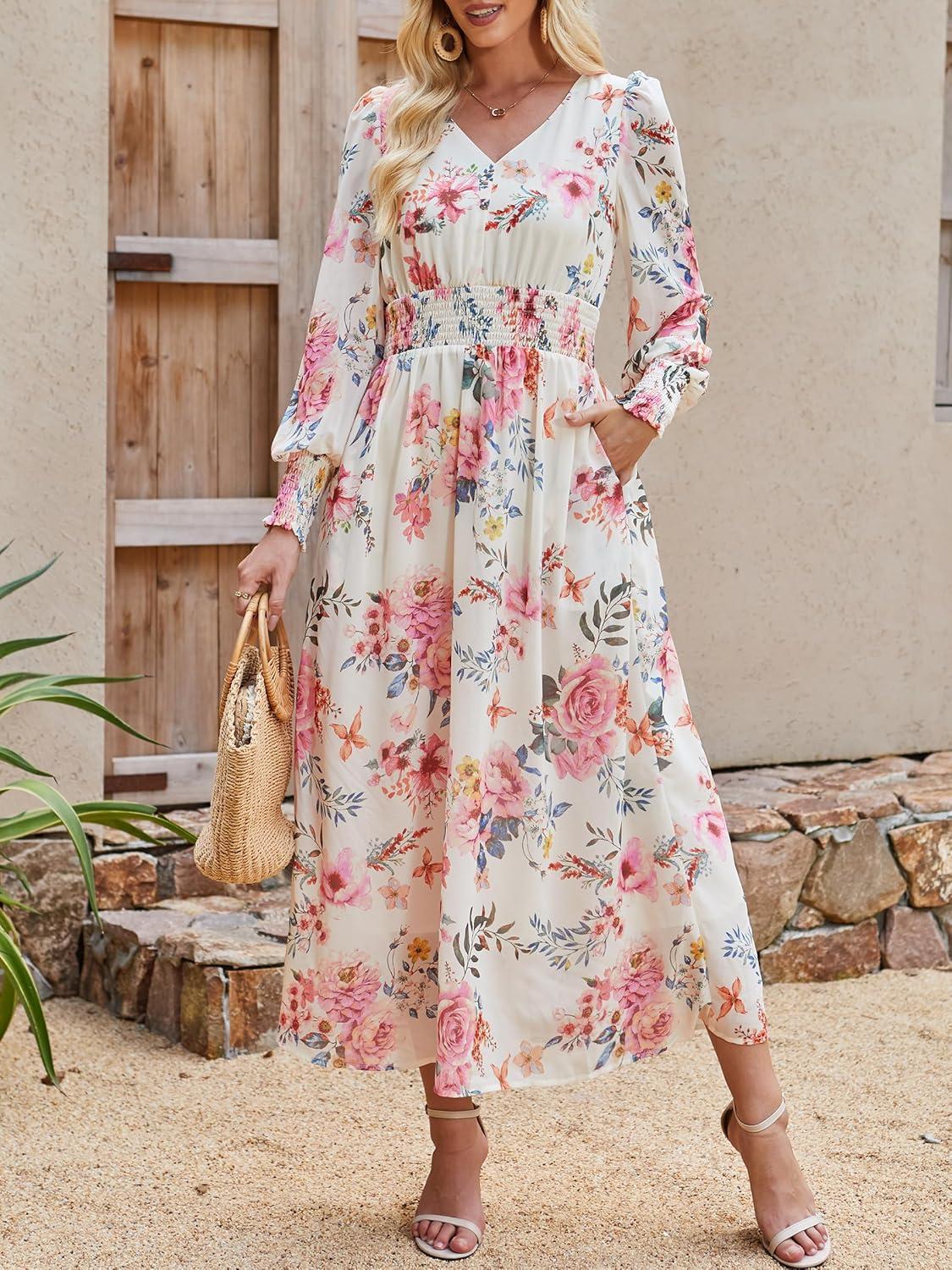 imageANRABESS Womens Long Sleeve Floral Maxi Dress Casual V Neck Chiffon Boho Flowy Beach Fall Wedding Guest Party Long DressesFloral Pink