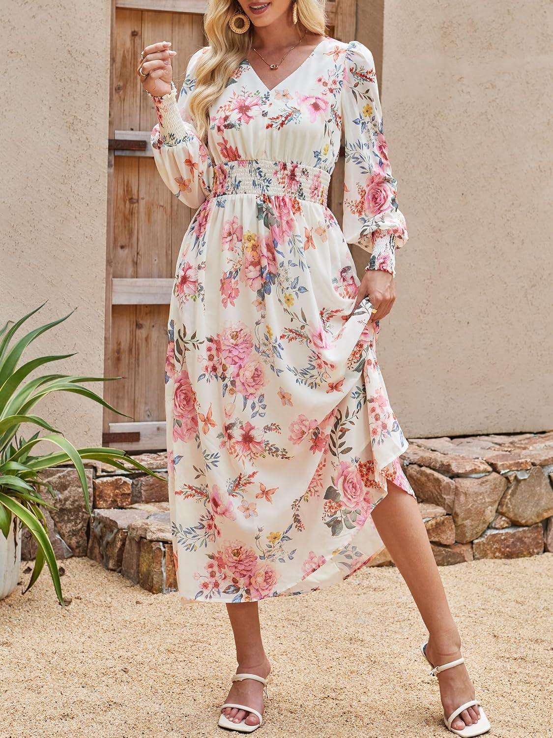 imageANRABESS Womens Long Sleeve Floral Maxi Dress Casual V Neck Chiffon Boho Flowy Beach Fall Wedding Guest Party Long DressesFloral Pink