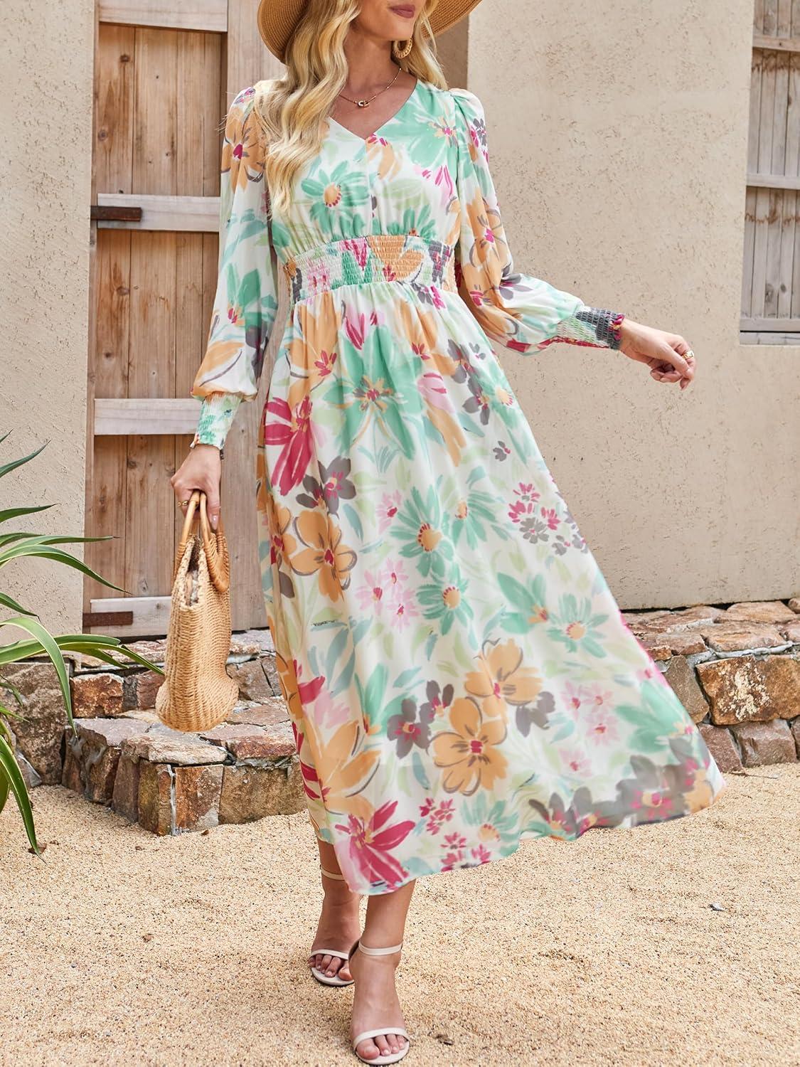 imageANRABESS Womens Long Sleeve Floral Maxi Dress Casual V Neck Chiffon Boho Flowy Beach Fall Wedding Guest Party Long DressesFloral Tropical