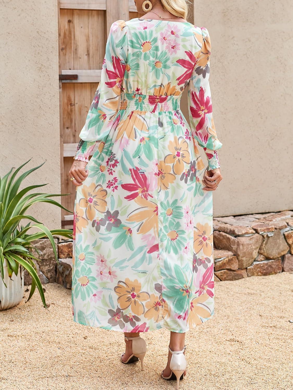 imageANRABESS Womens Long Sleeve Floral Maxi Dress Casual V Neck Chiffon Boho Flowy Beach Fall Wedding Guest Party Long DressesFloral Tropical