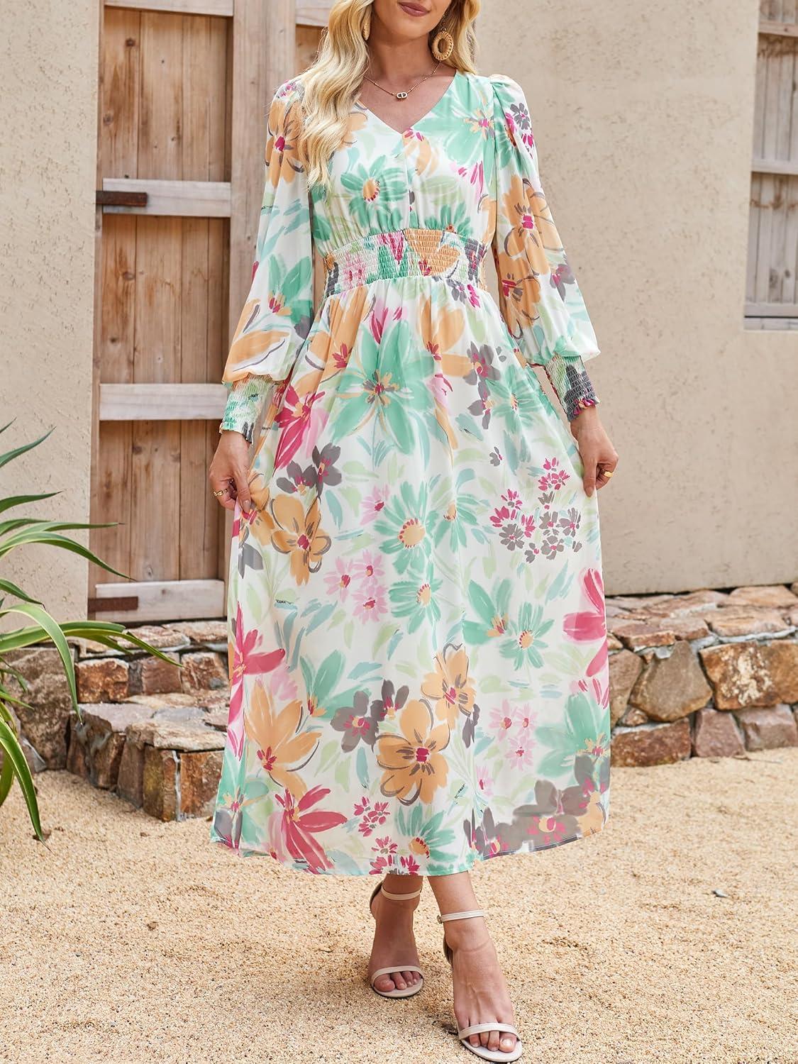 imageANRABESS Womens Long Sleeve Floral Maxi Dress Casual V Neck Chiffon Boho Flowy Beach Fall Wedding Guest Party Long DressesFloral Tropical