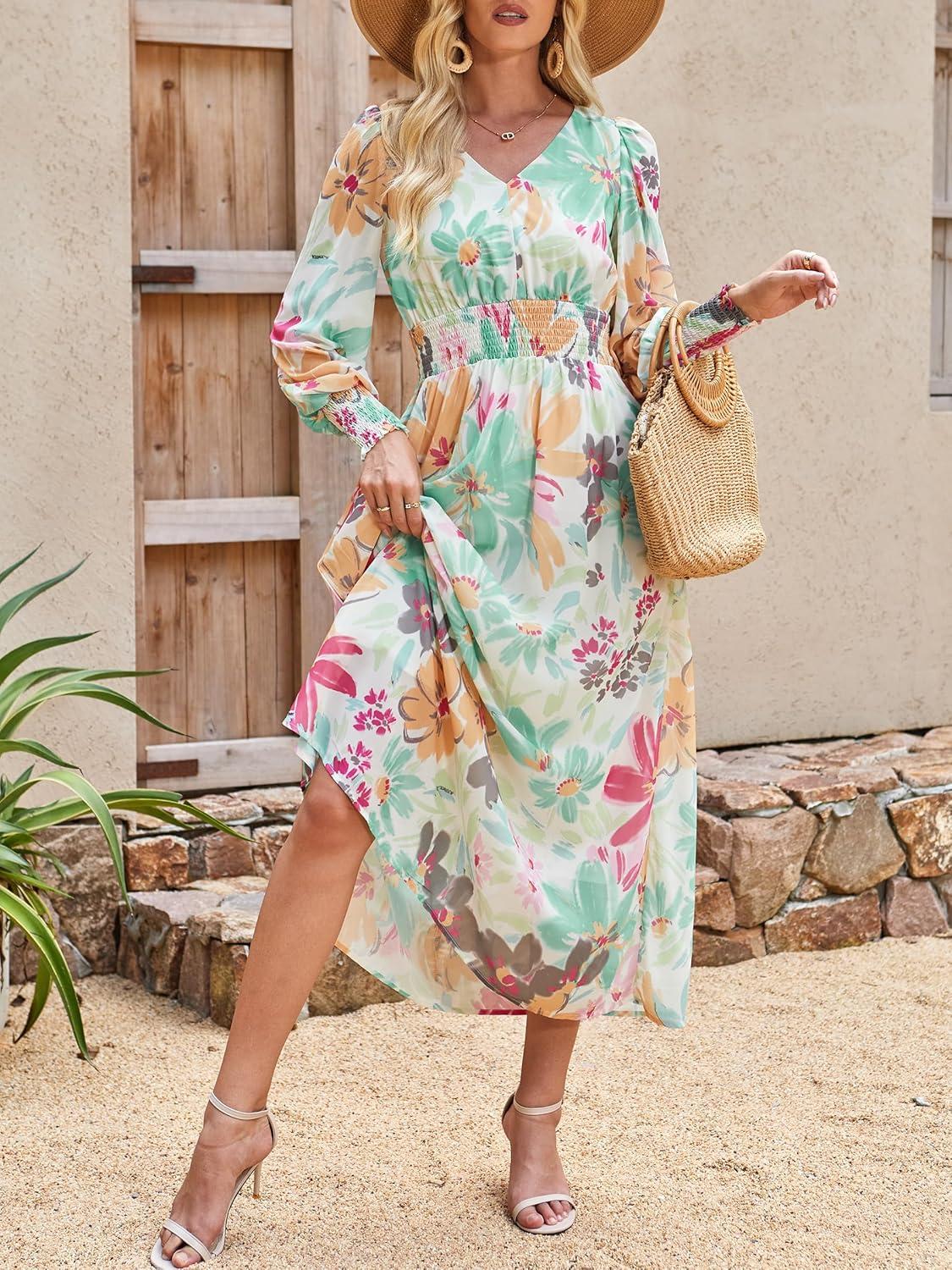 imageANRABESS Womens Long Sleeve Floral Maxi Dress Casual V Neck Chiffon Boho Flowy Beach Fall Wedding Guest Party Long DressesFloral Tropical