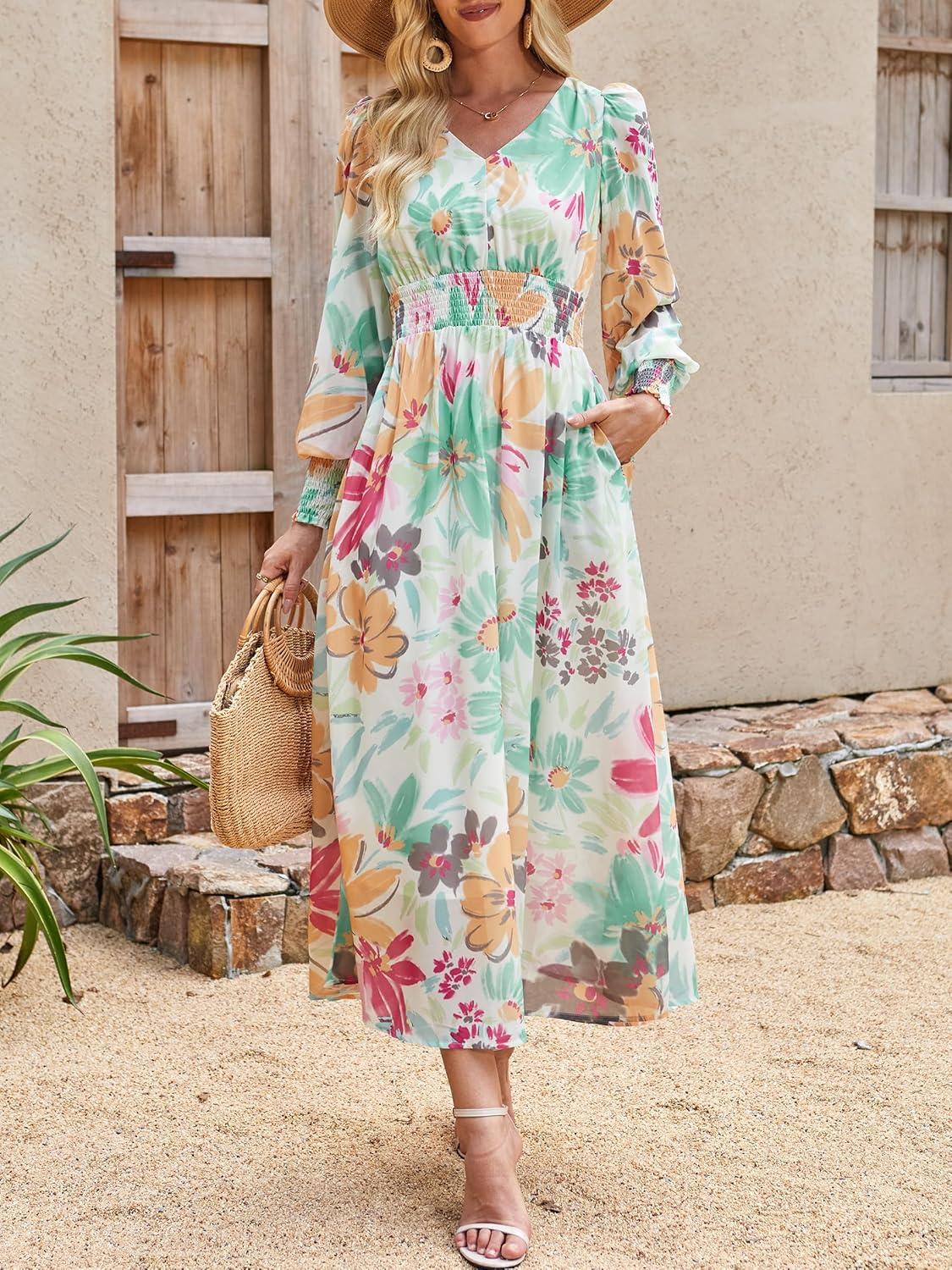imageANRABESS Womens Long Sleeve Floral Maxi Dress Casual V Neck Chiffon Boho Flowy Beach Fall Wedding Guest Party Long DressesFloral Tropical