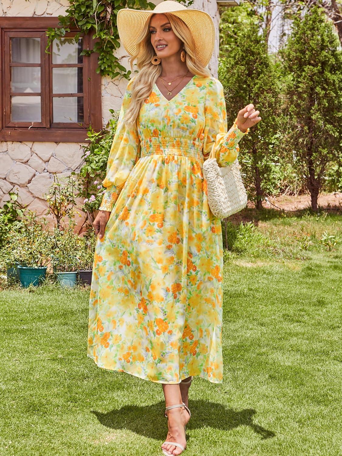 imageANRABESS Womens Long Sleeve Floral Maxi Dress Casual V Neck Chiffon Boho Flowy Beach Fall Wedding Guest Party Long DressesFloral Yellow Orange