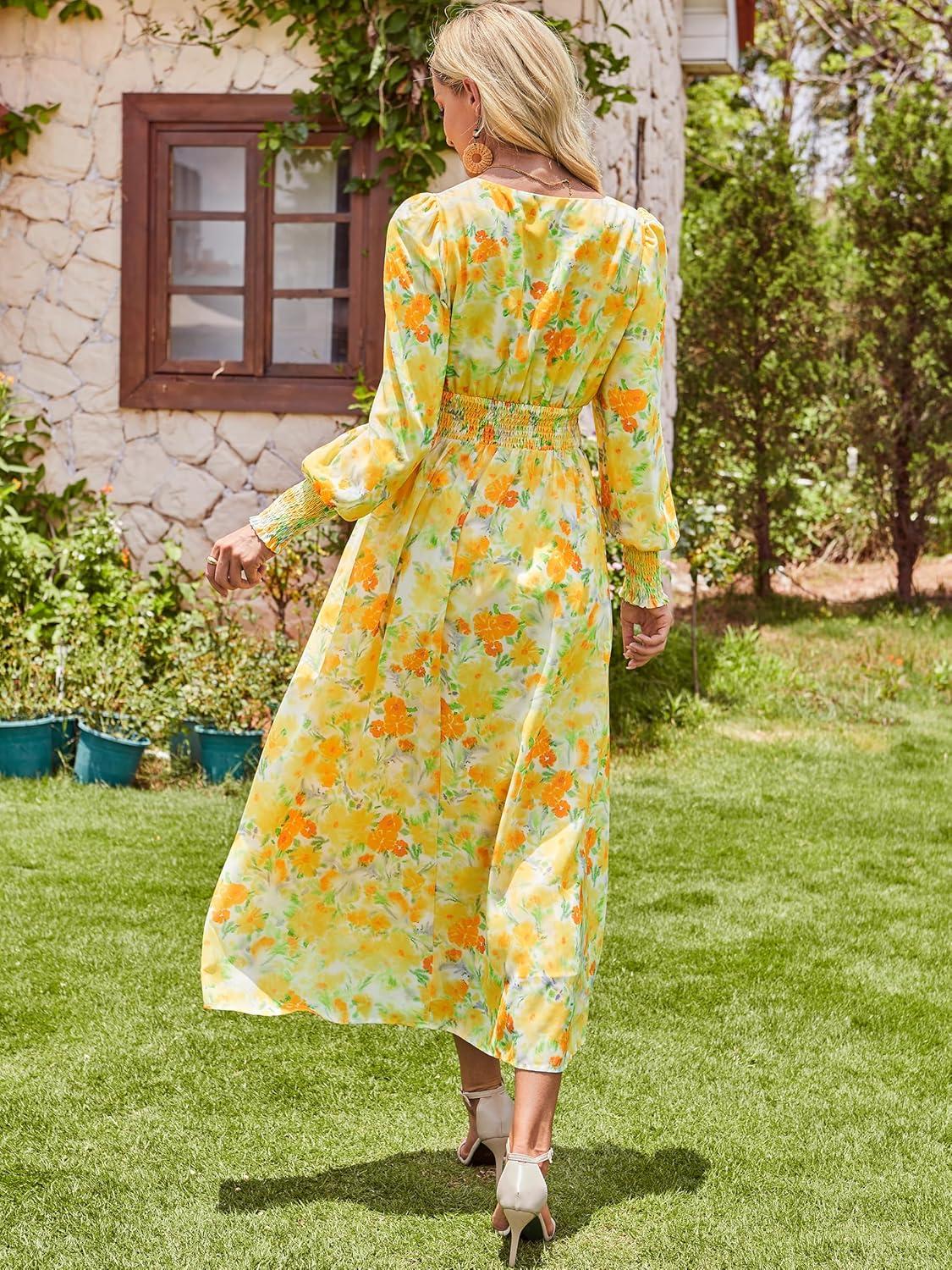 imageANRABESS Womens Long Sleeve Floral Maxi Dress Casual V Neck Chiffon Boho Flowy Beach Fall Wedding Guest Party Long DressesFloral Yellow Orange