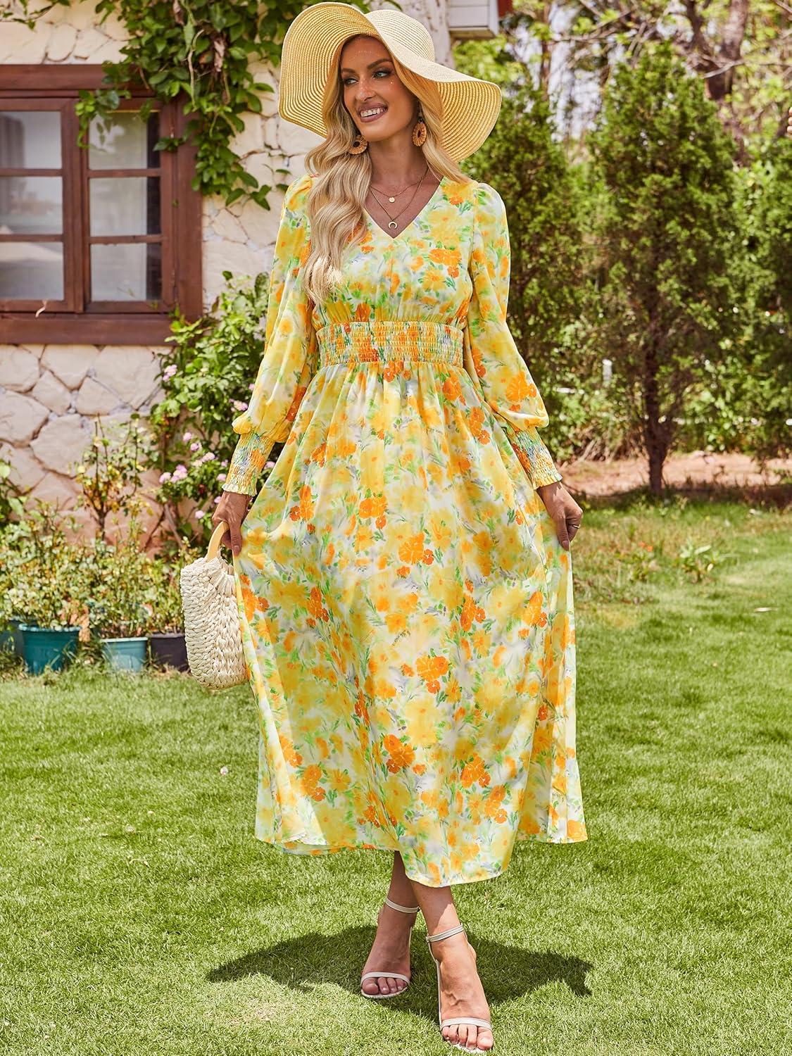 imageANRABESS Womens Long Sleeve Floral Maxi Dress Casual V Neck Chiffon Boho Flowy Beach Fall Wedding Guest Party Long DressesFloral Yellow Orange