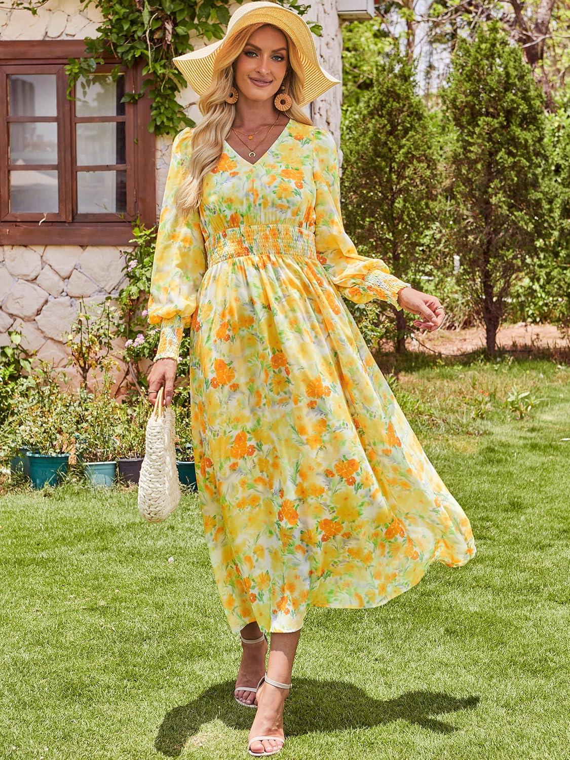 imageANRABESS Womens Long Sleeve Floral Maxi Dress Casual V Neck Chiffon Boho Flowy Beach Fall Wedding Guest Party Long DressesFloral Yellow Orange
