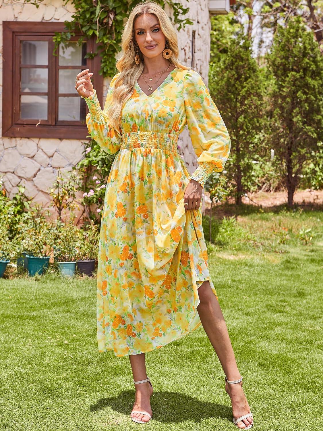 imageANRABESS Womens Long Sleeve Floral Maxi Dress Casual V Neck Chiffon Boho Flowy Beach Fall Wedding Guest Party Long DressesFloral Yellow Orange