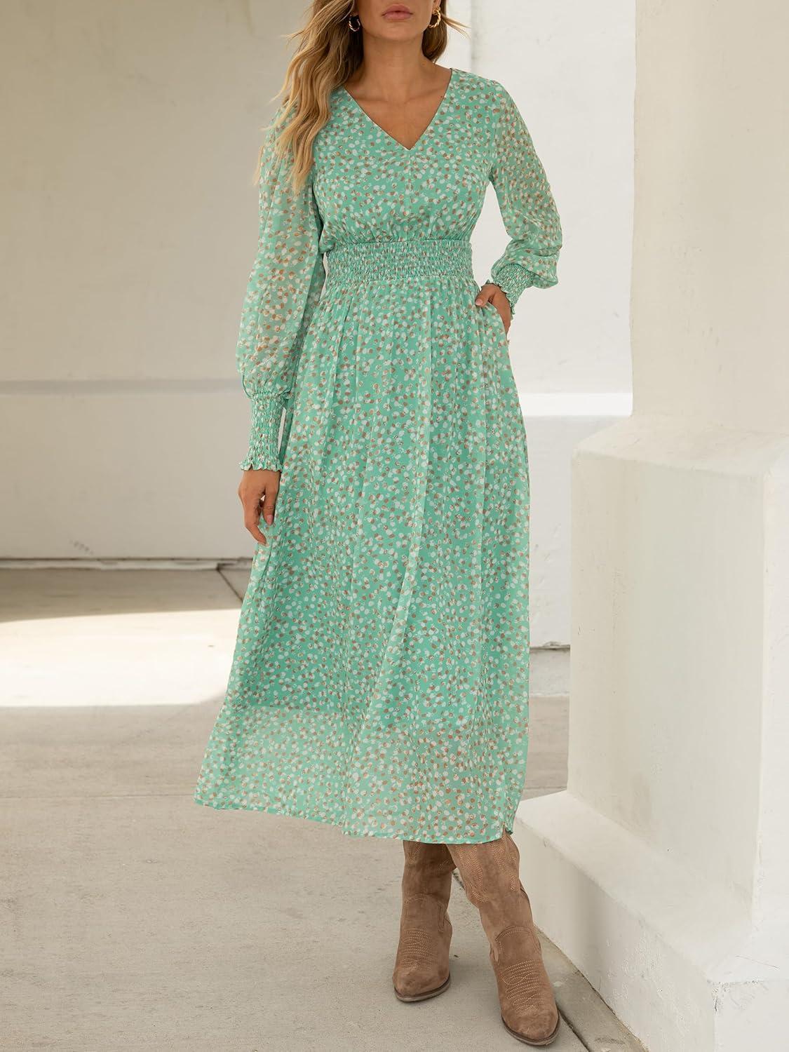 imageANRABESS Womens Long Sleeve Floral Maxi Dress Casual V Neck Chiffon Boho Flowy Beach Fall Wedding Guest Party Long DressesGreen White Point