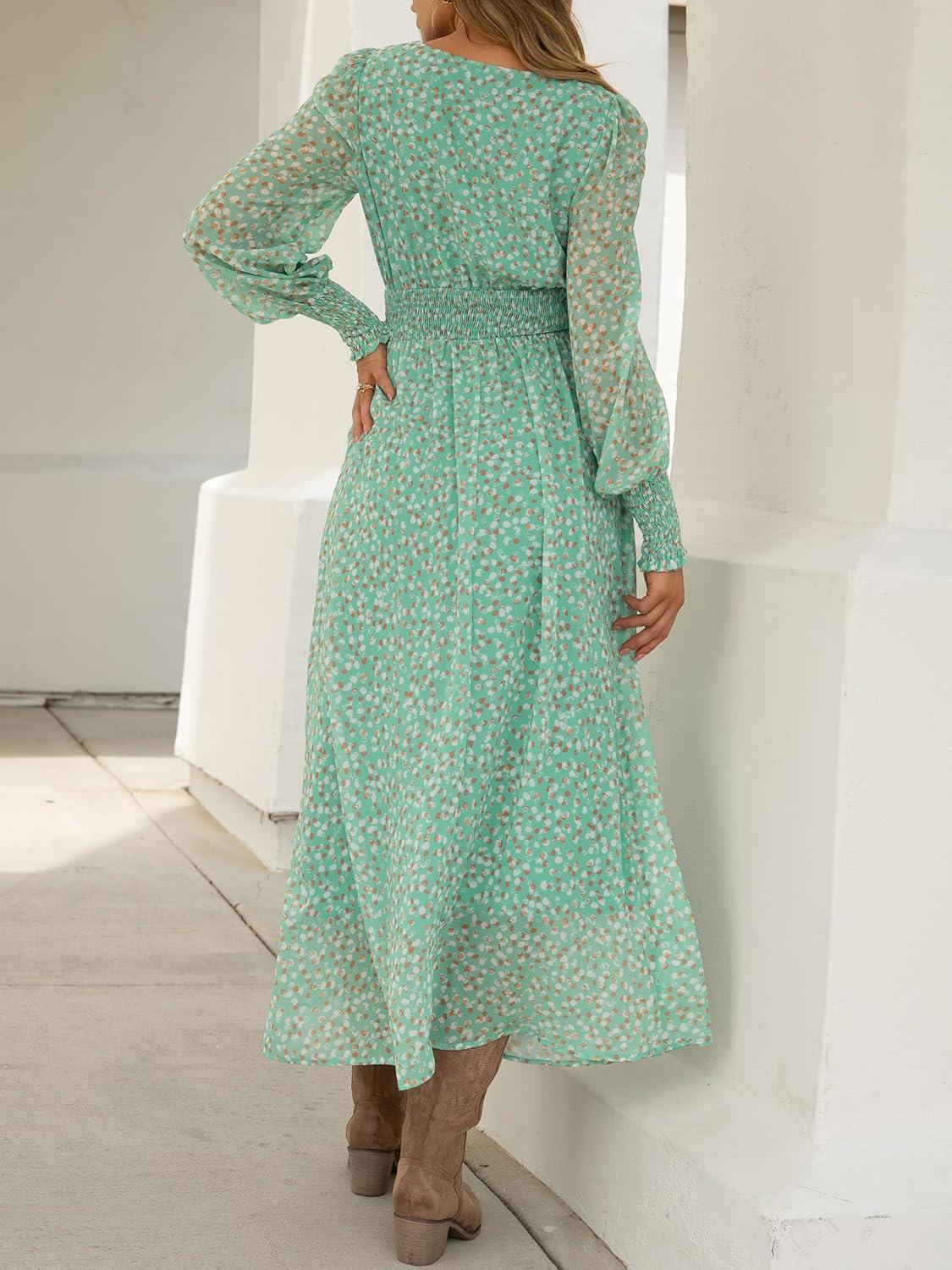 imageANRABESS Womens Long Sleeve Floral Maxi Dress Casual V Neck Chiffon Boho Flowy Beach Fall Wedding Guest Party Long DressesGreen White Point