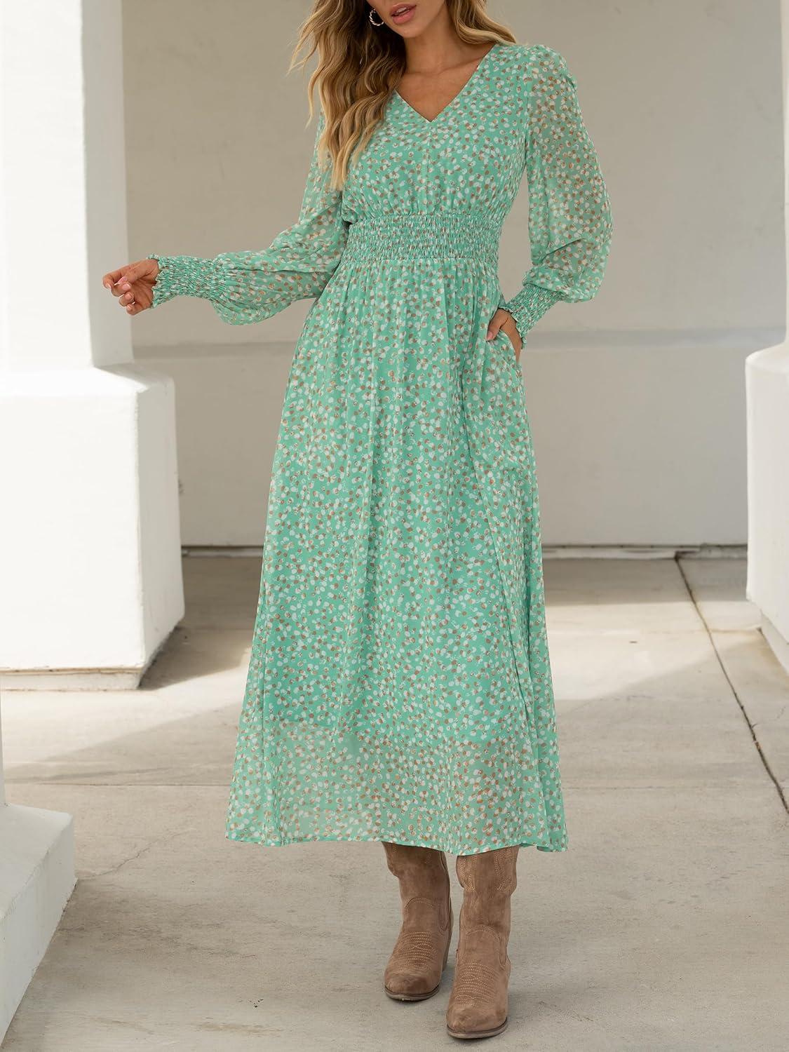 imageANRABESS Womens Long Sleeve Floral Maxi Dress Casual V Neck Chiffon Boho Flowy Beach Fall Wedding Guest Party Long DressesGreen White Point