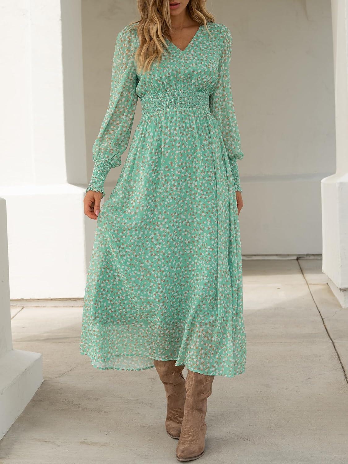 imageANRABESS Womens Long Sleeve Floral Maxi Dress Casual V Neck Chiffon Boho Flowy Beach Fall Wedding Guest Party Long DressesGreen White Point