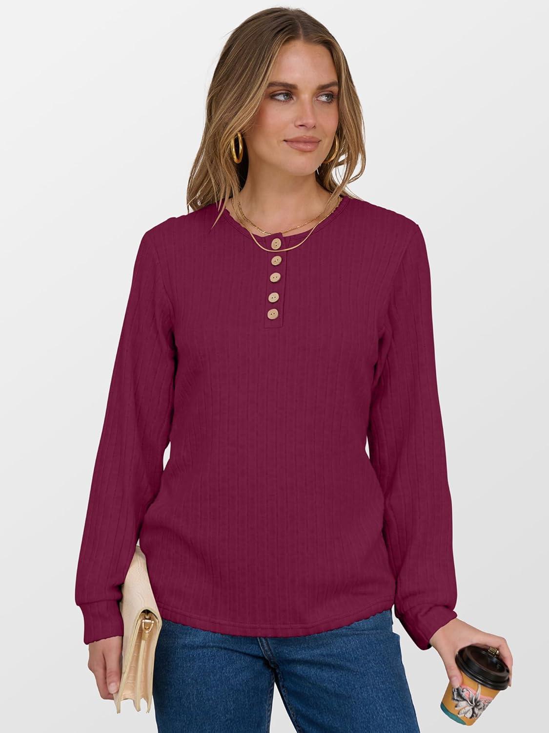 imageANRABESS Womens Long Sleeve Henley Shirts Button Down Tunic Tops Fall Lightweight Sweaters Business Casual Blouses 2025Burgundy