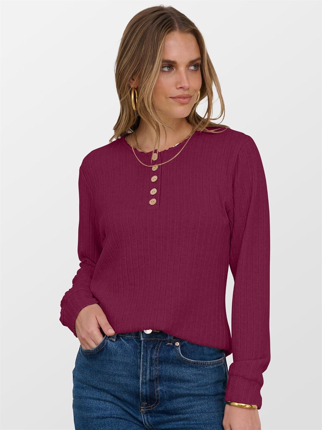imageANRABESS Womens Long Sleeve Henley Shirts Button Down Tunic Tops Fall Lightweight Sweaters Business Casual Blouses 2025Burgundy