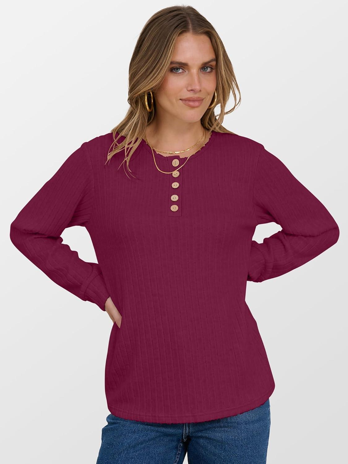 imageANRABESS Womens Long Sleeve Henley Shirts Button Down Tunic Tops Fall Lightweight Sweaters Business Casual Blouses 2025Burgundy